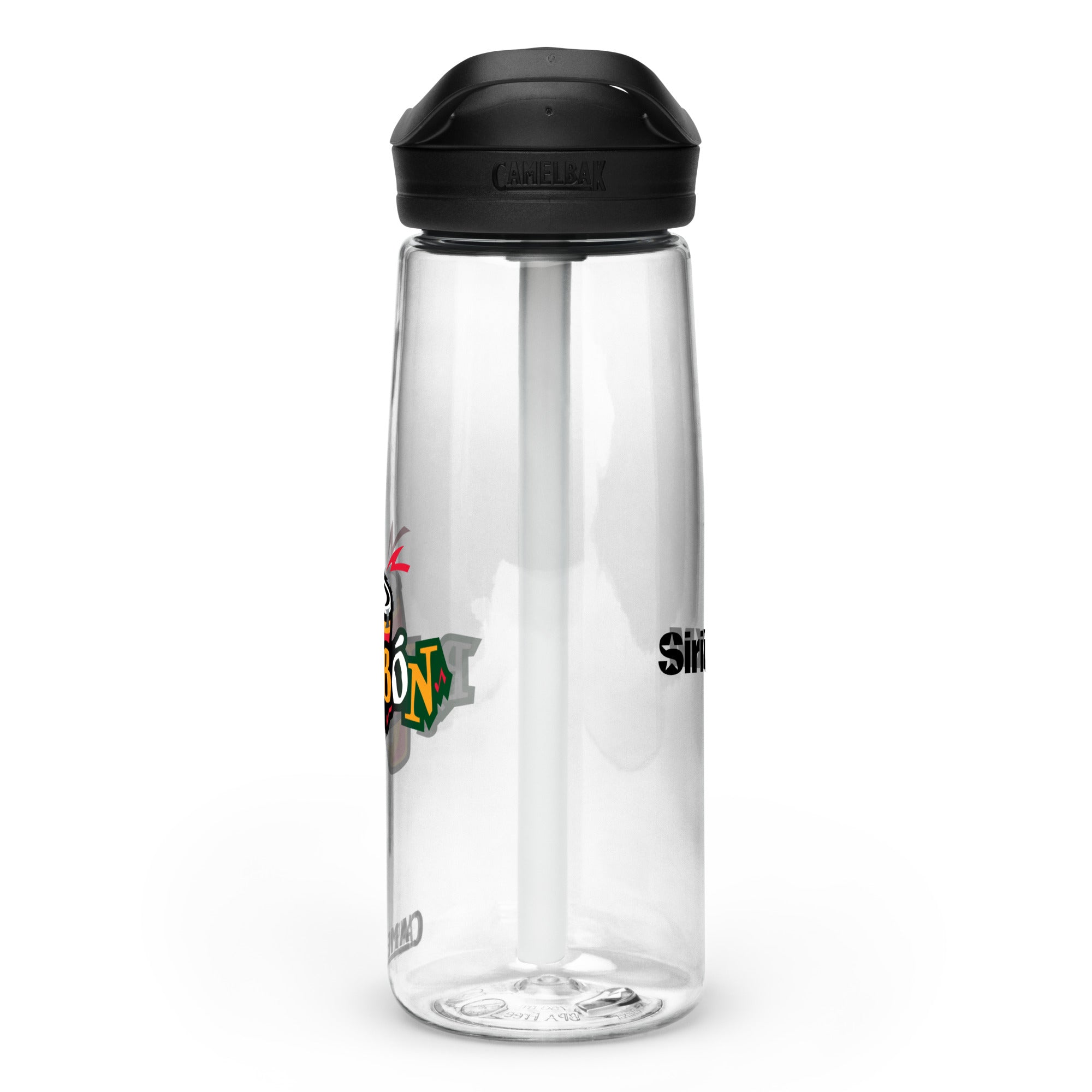 Right side view of clear water bottle with partial view front and back logos and 'CamelBak®' logo engraved into black lid.