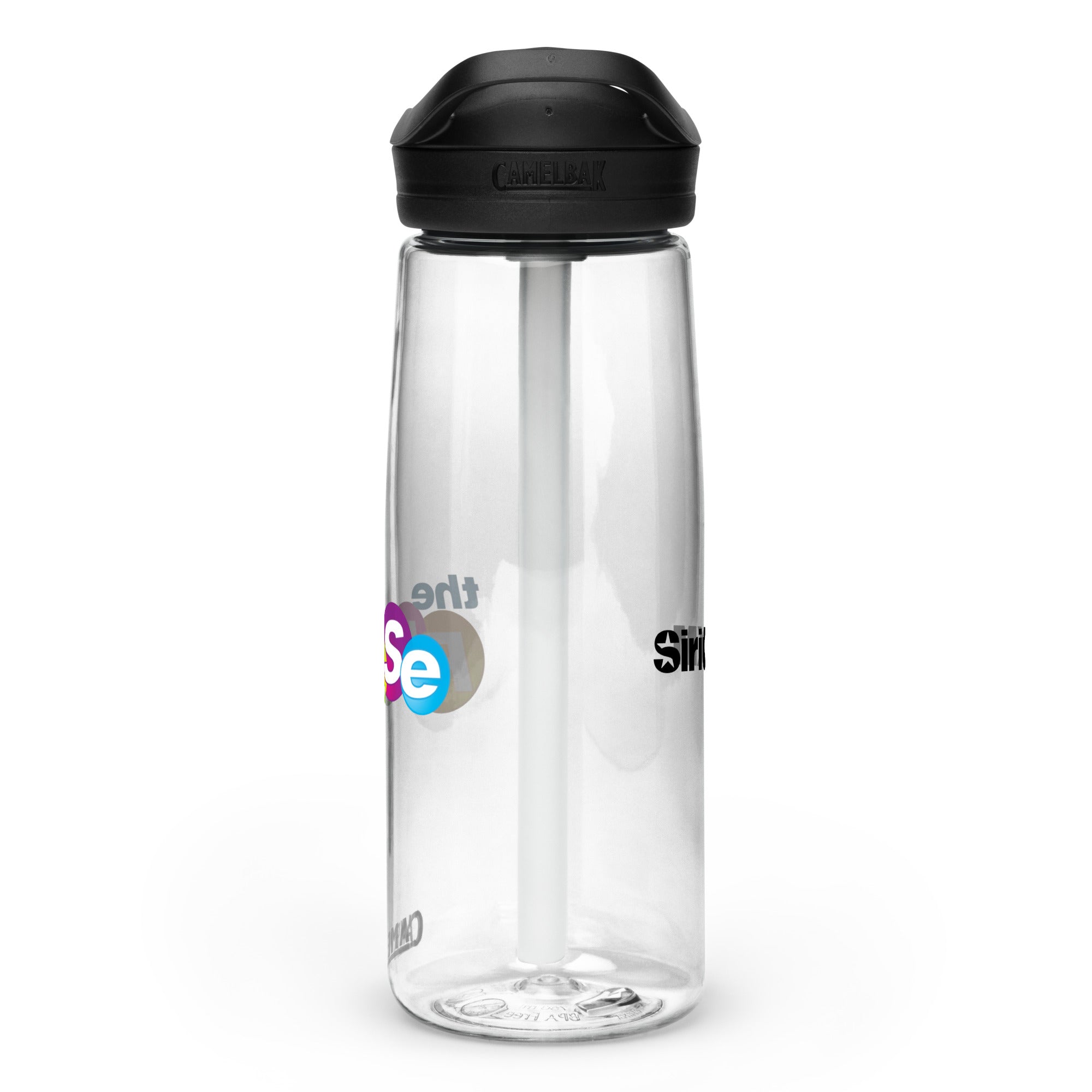 Right side view of clear water bottle with partial view front and back logos and 'CamelBak®' logo engraved into black lid.