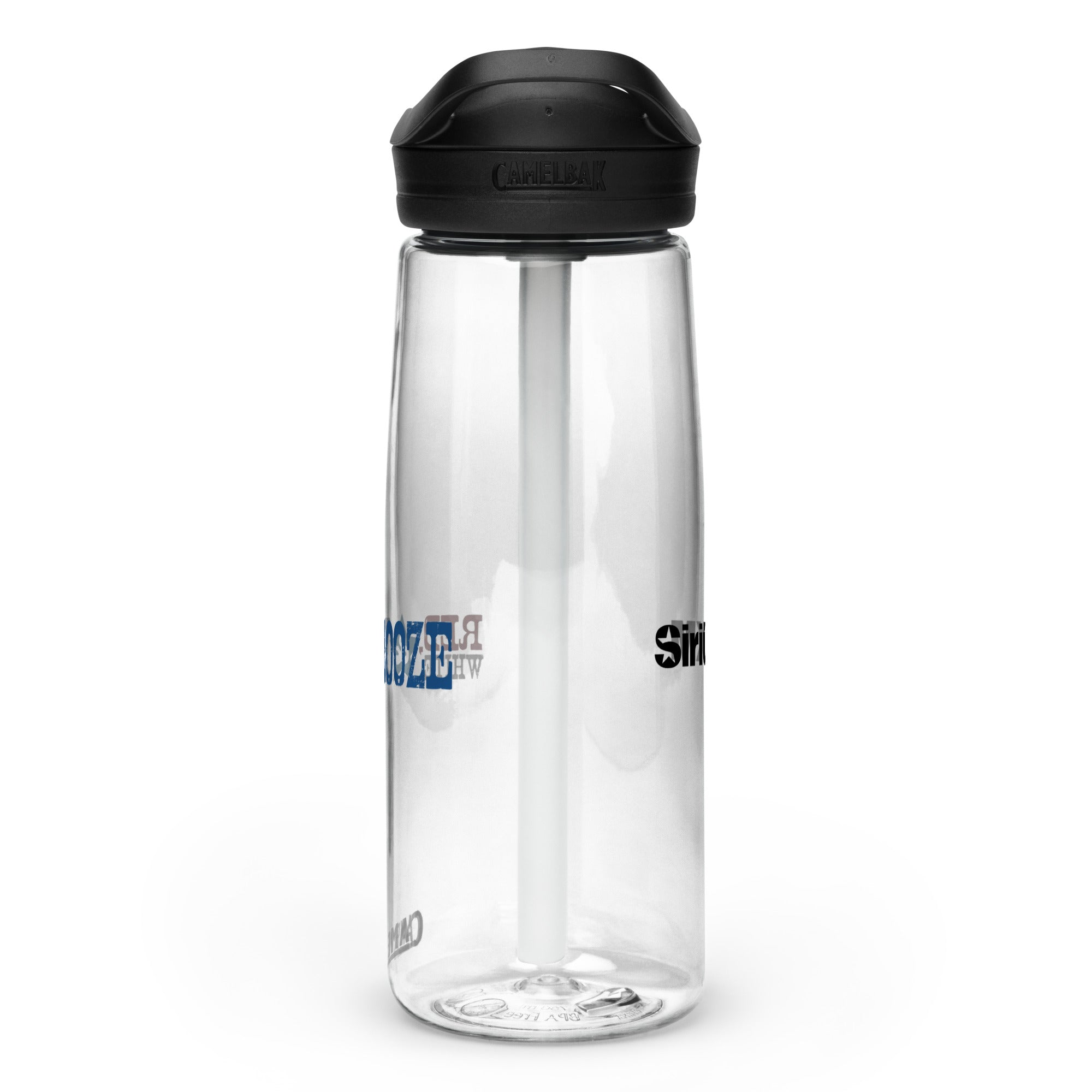 Right side view of clear water bottle with partial view front and back logos and 'CamelBak®' logo engraved into black lid.