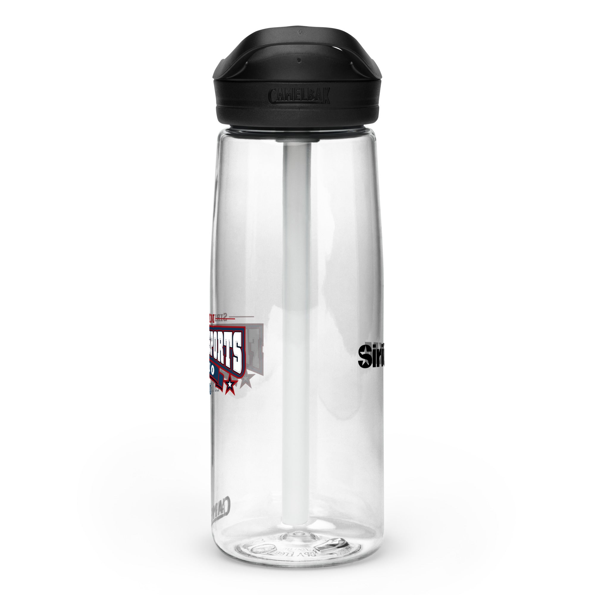 Right side view of clear water bottle with partial view front and back logos and 'CamelBak®' logo engraved into black lid.