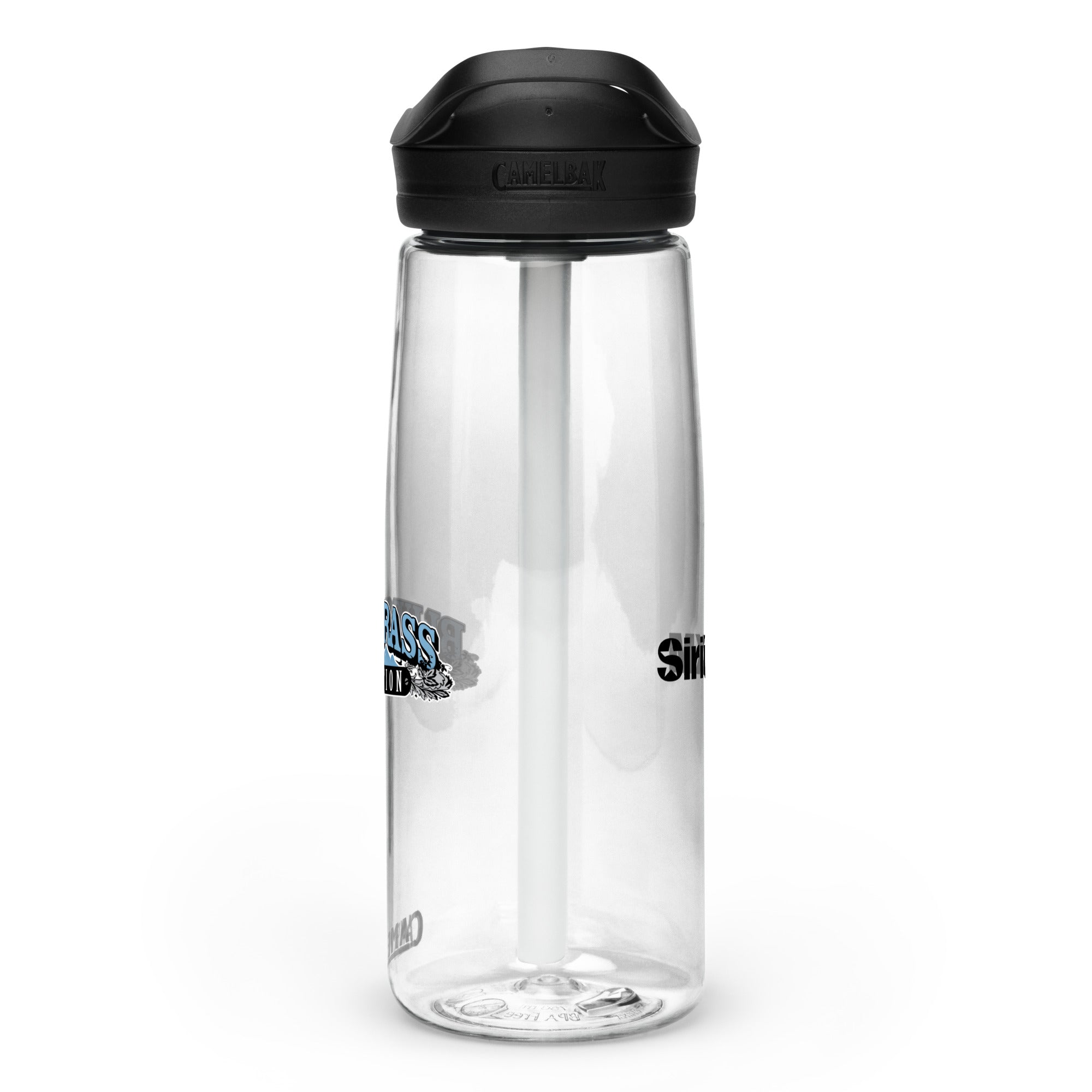 Right side view of clear water bottle with partial view front and back logos and 'CamelBak®' logo engraved into black lid.