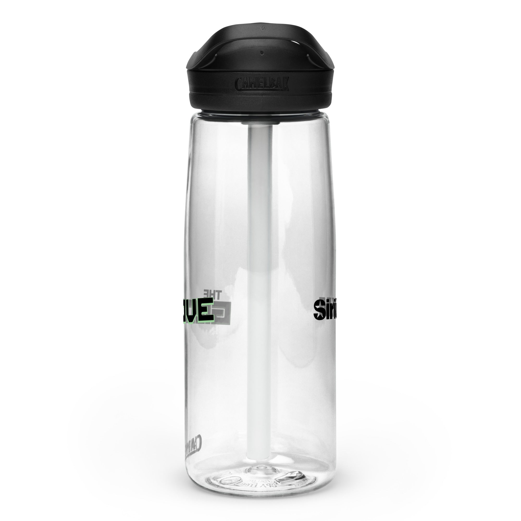 Right side view of clear water bottle with partial view front and back logos and 'CamelBak®' logo engraved into black lid.