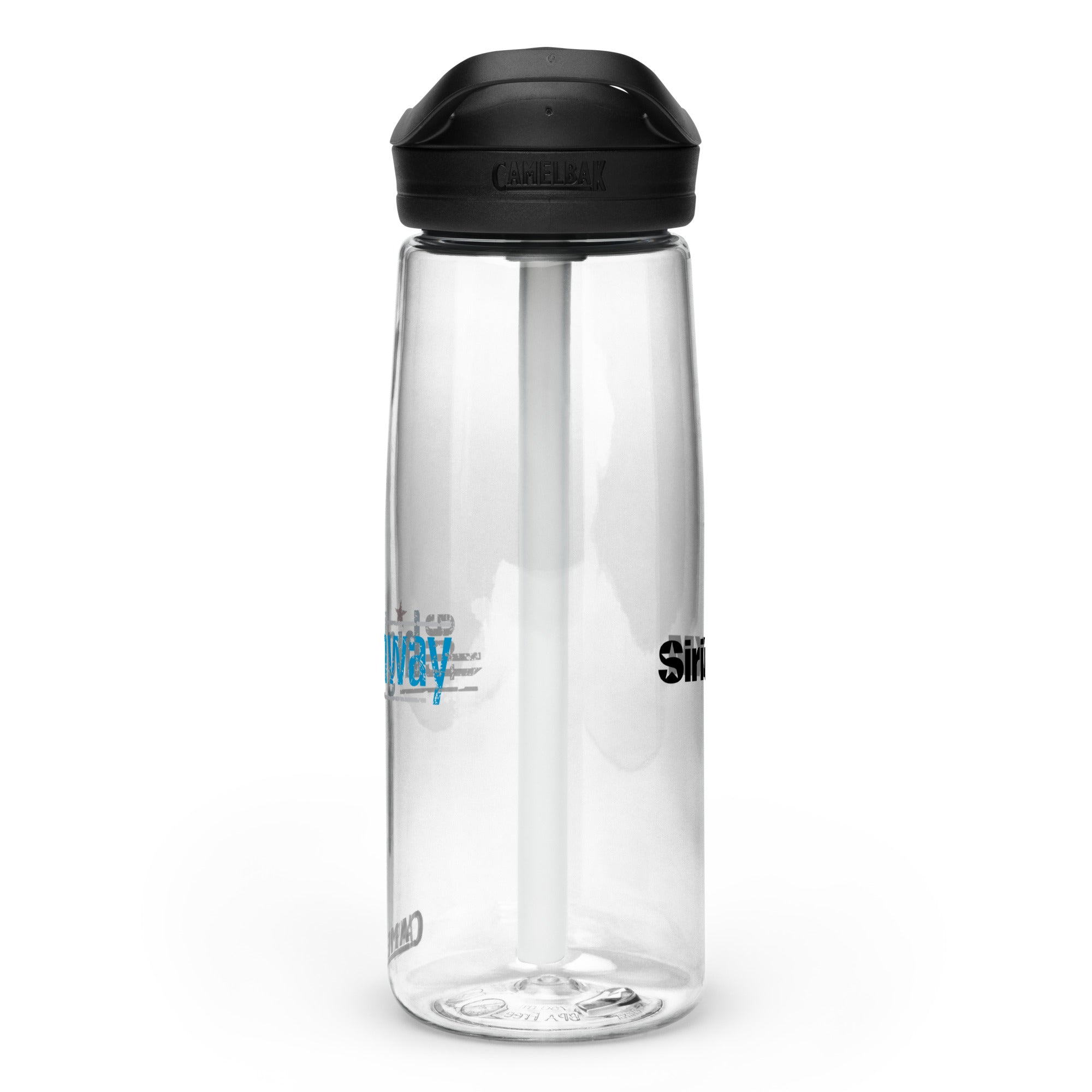 Right side view of clear water bottle with partial view front and back logos and 'CamelBak®' logo engraved into black lid.