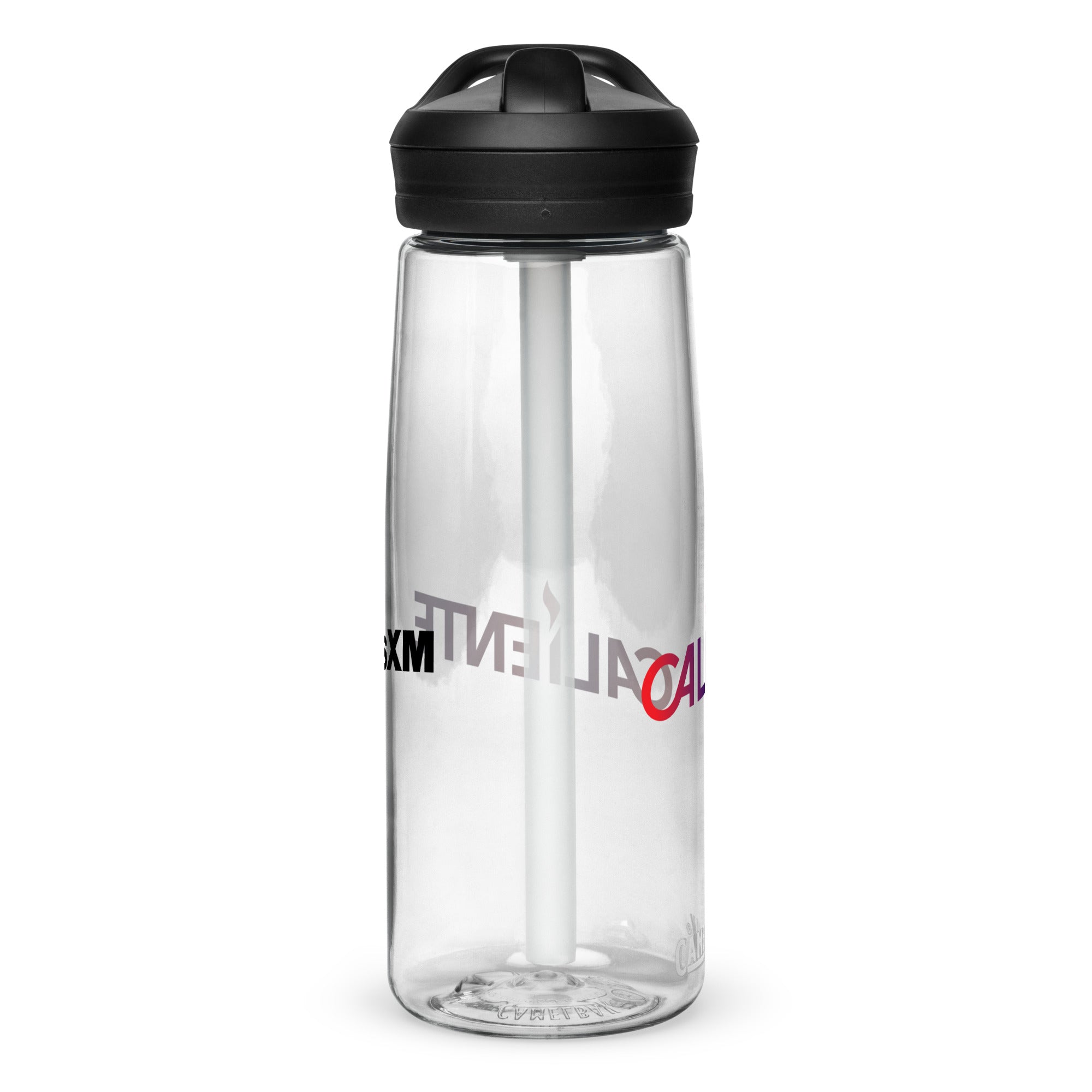 Left side of clear water bottle with partial view front and back logos.