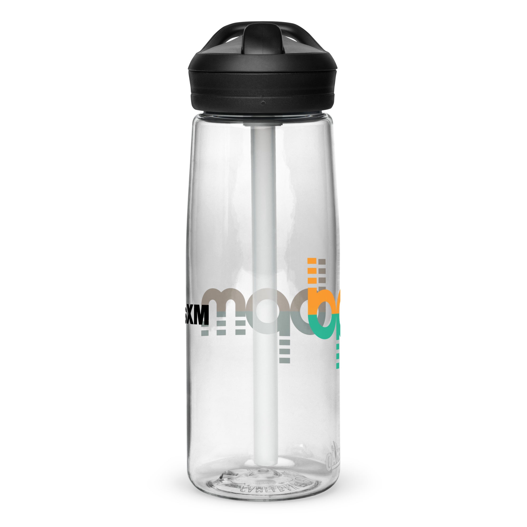 Left side of clear water bottle with partial view front and back logos.