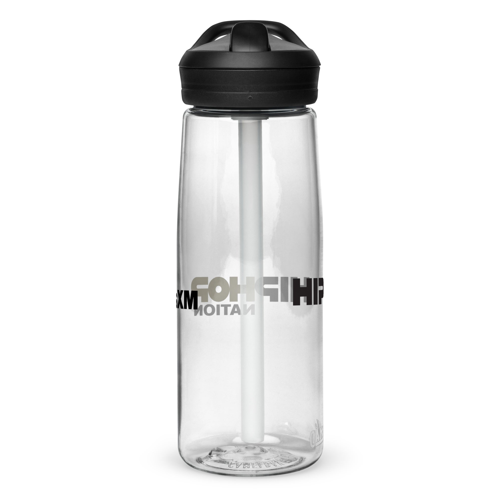 Left side of clear water bottle with partial view front and back logos.