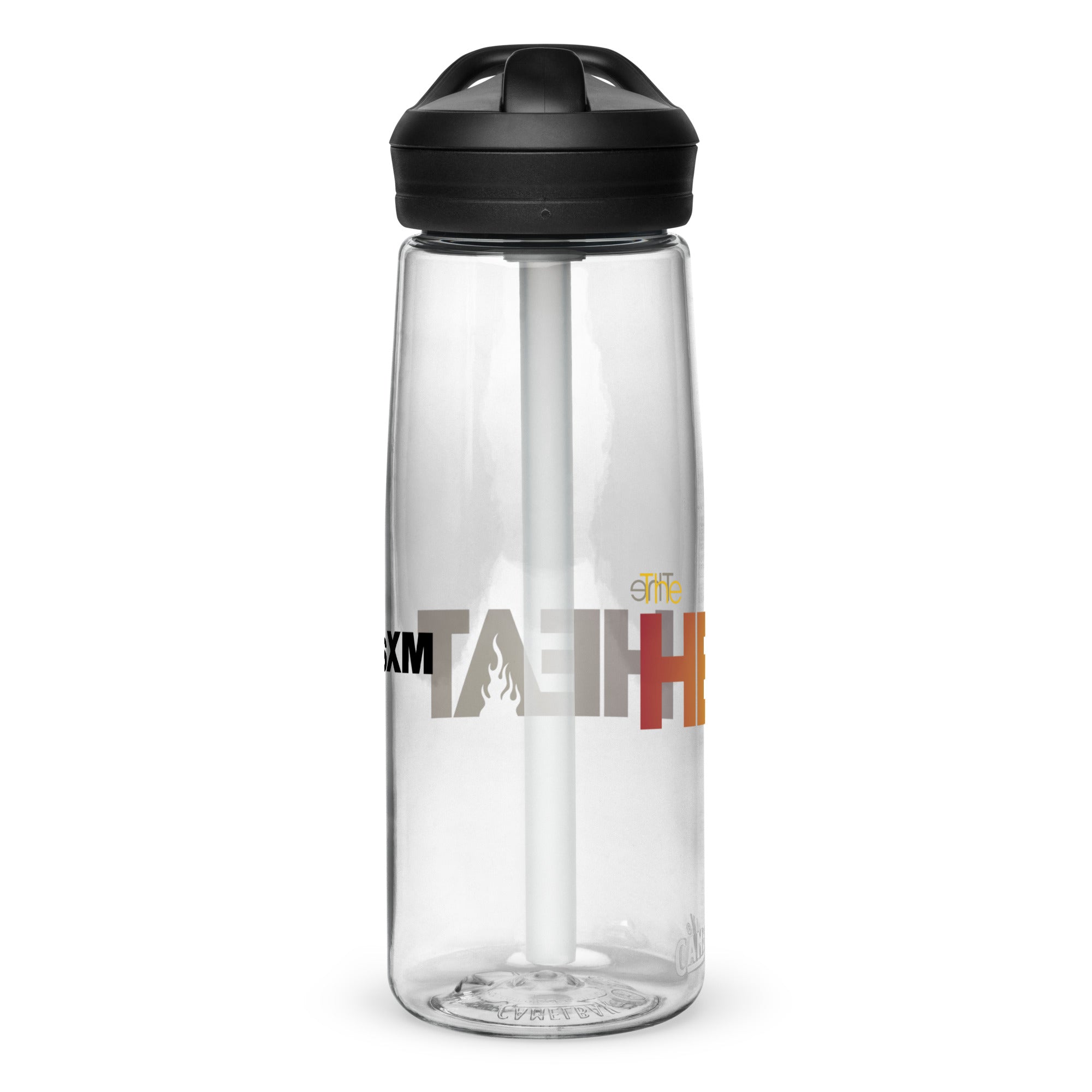Left side of clear water bottle with partial view front and back logos.