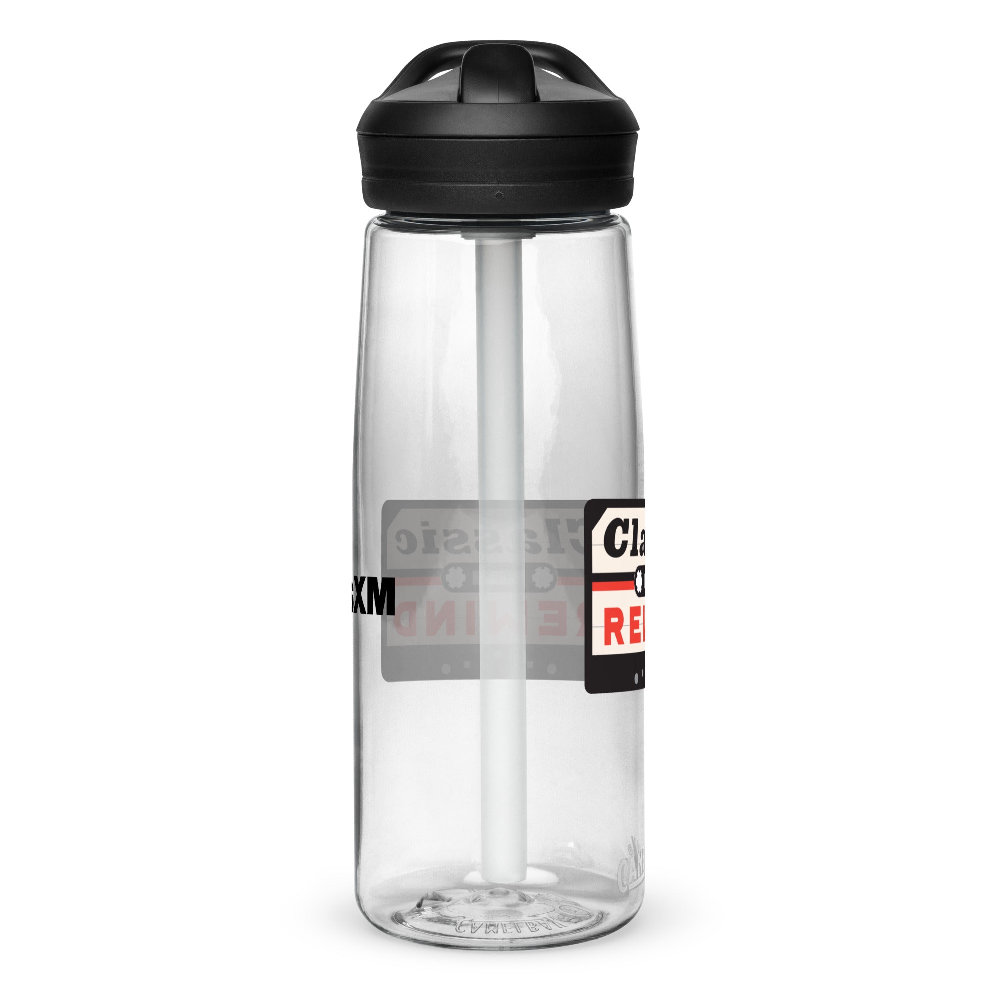 Left side of clear water bottle with partial view front and back logos.