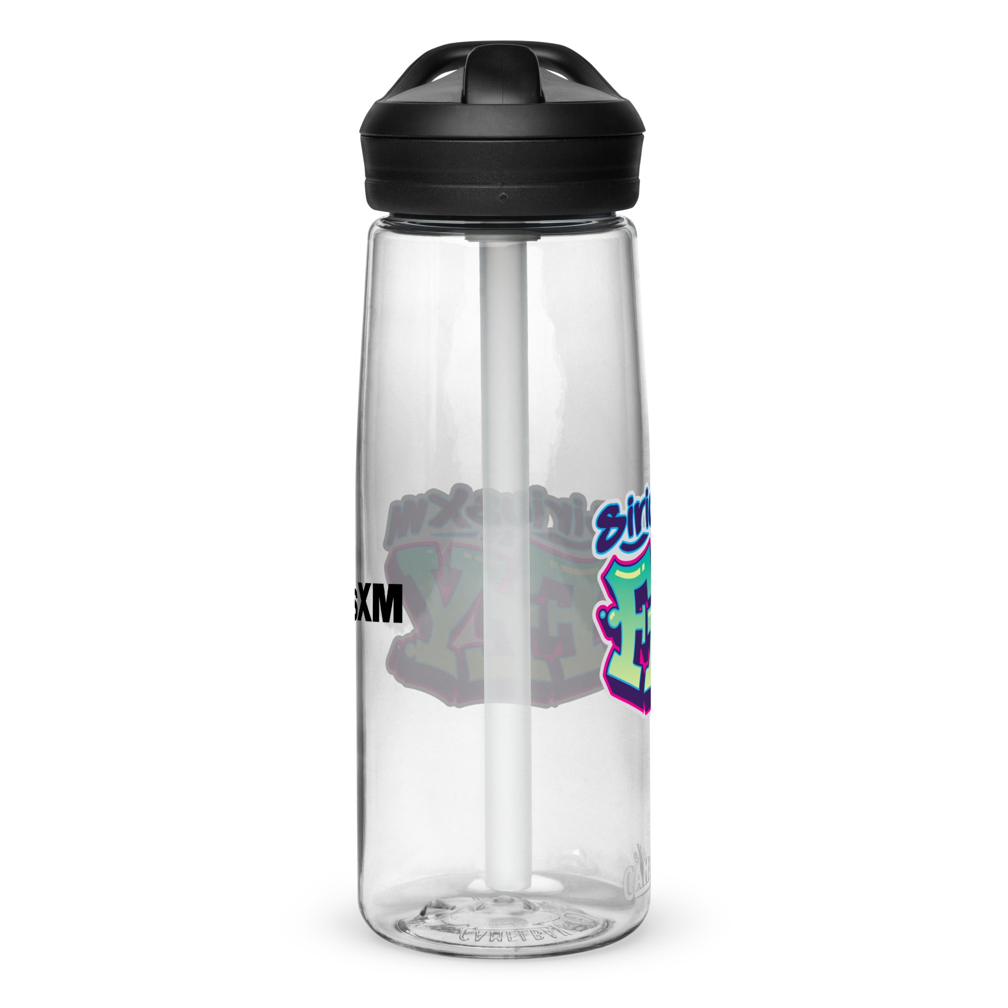 Left side of clear water bottle with partial view front and back logos.
