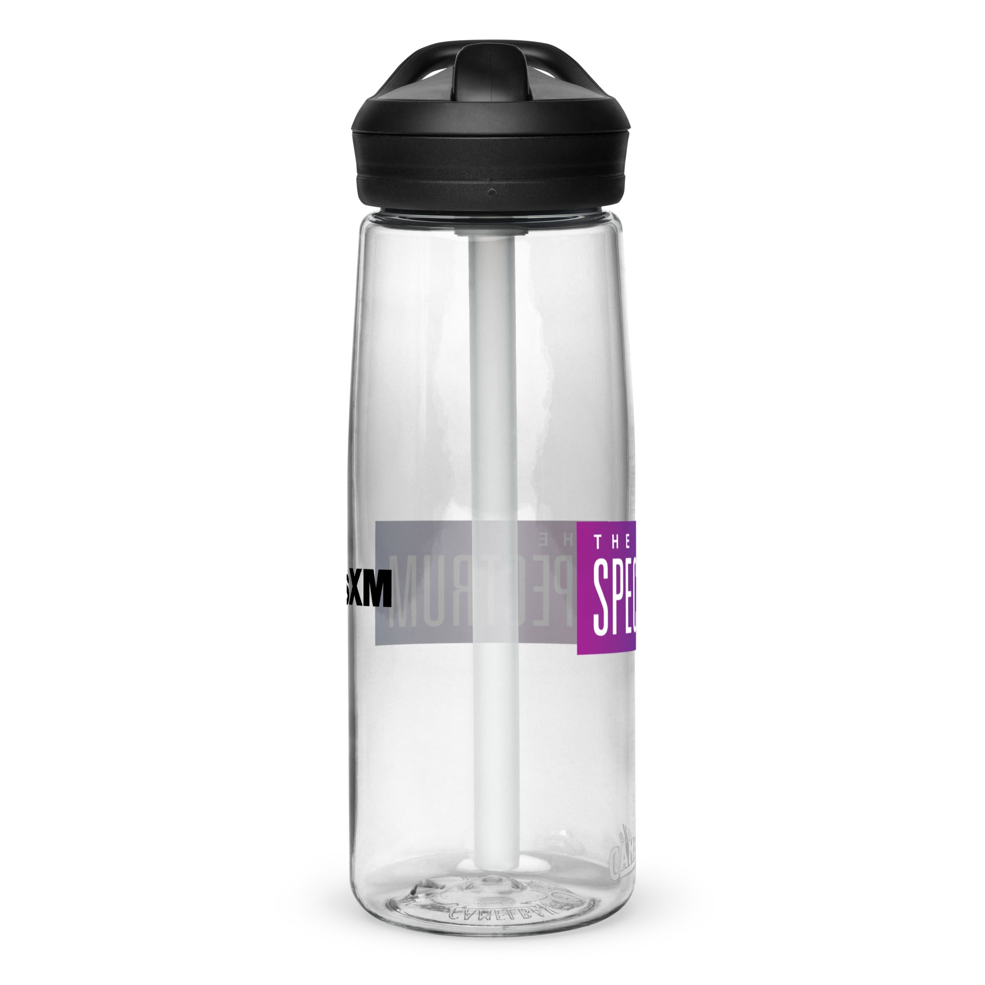 Left side of clear water bottle with partial view front and back logos.