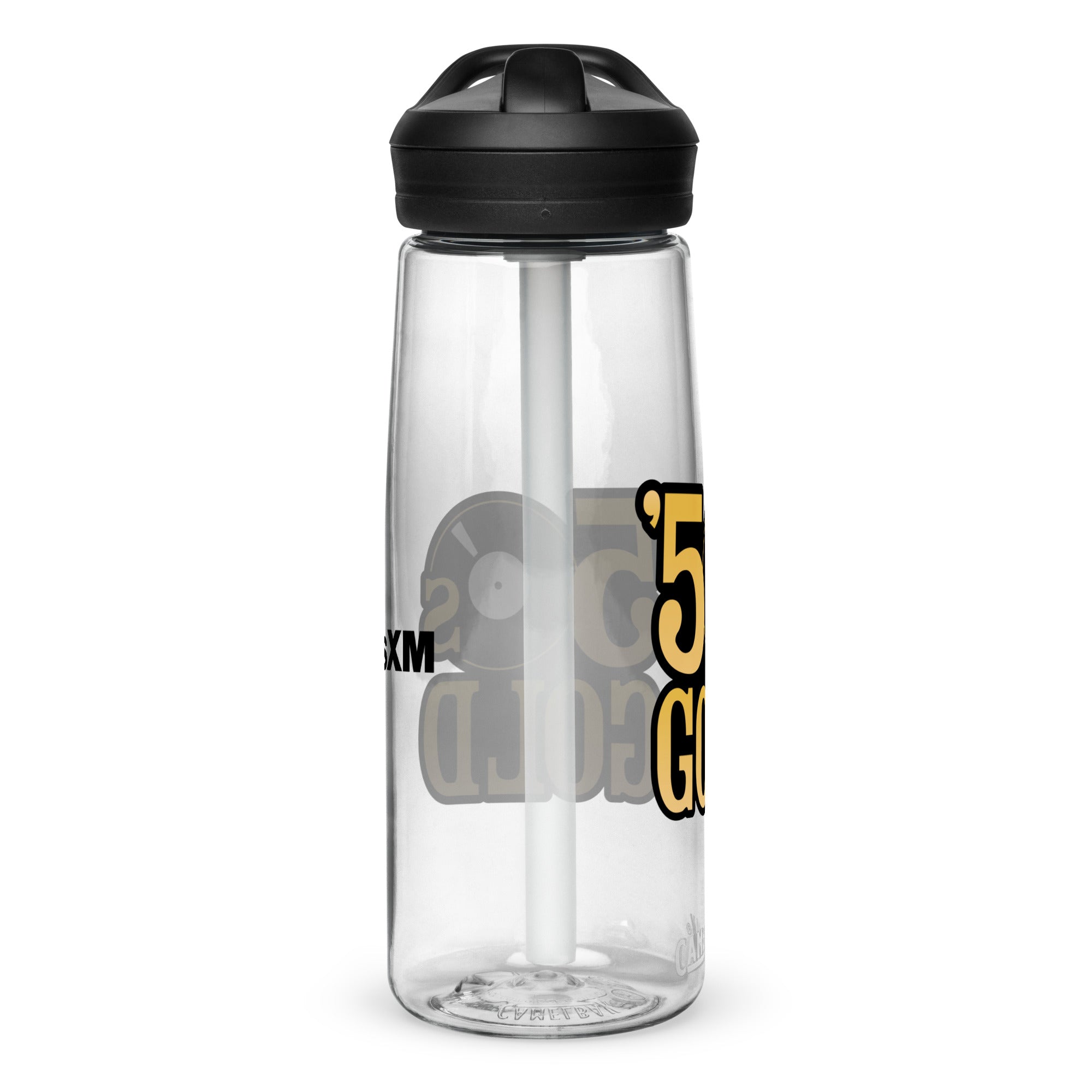 Left side of clear water bottle with partial view front and back logos.