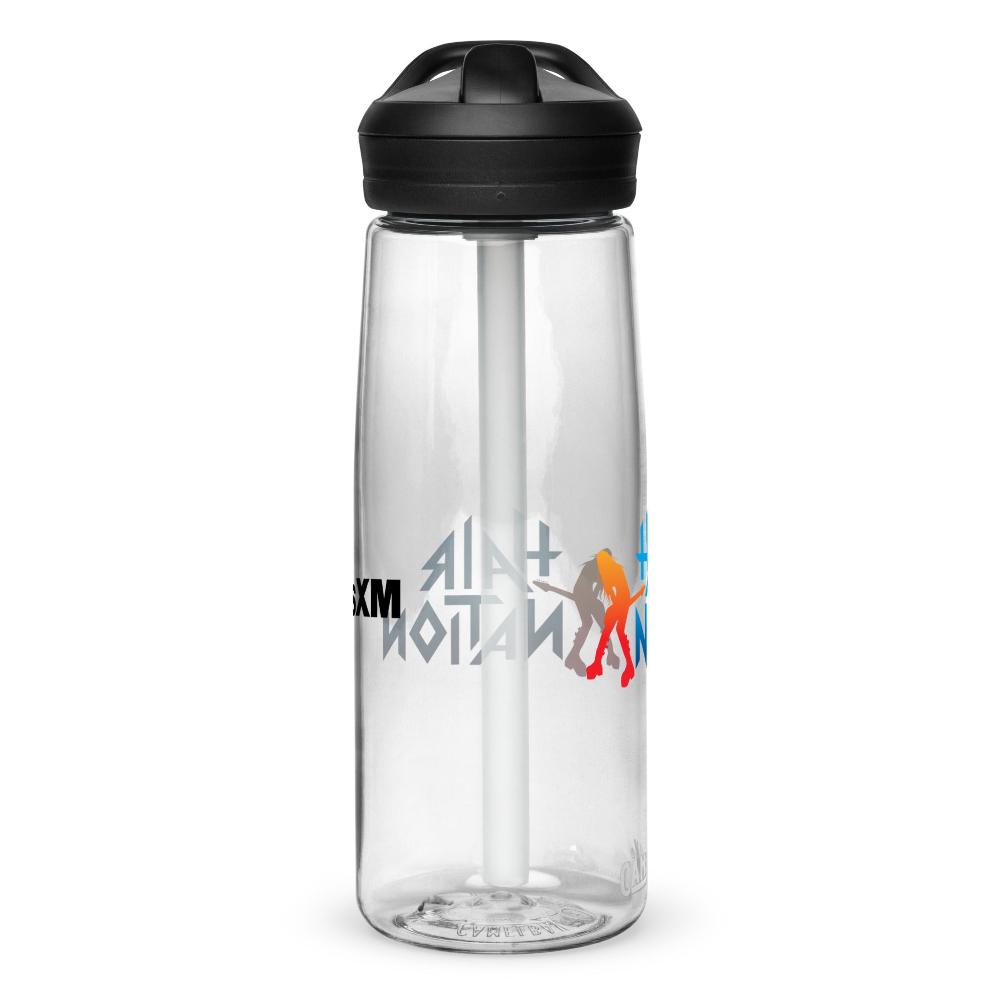 Left side of clear water bottle with partial view front and back logos.