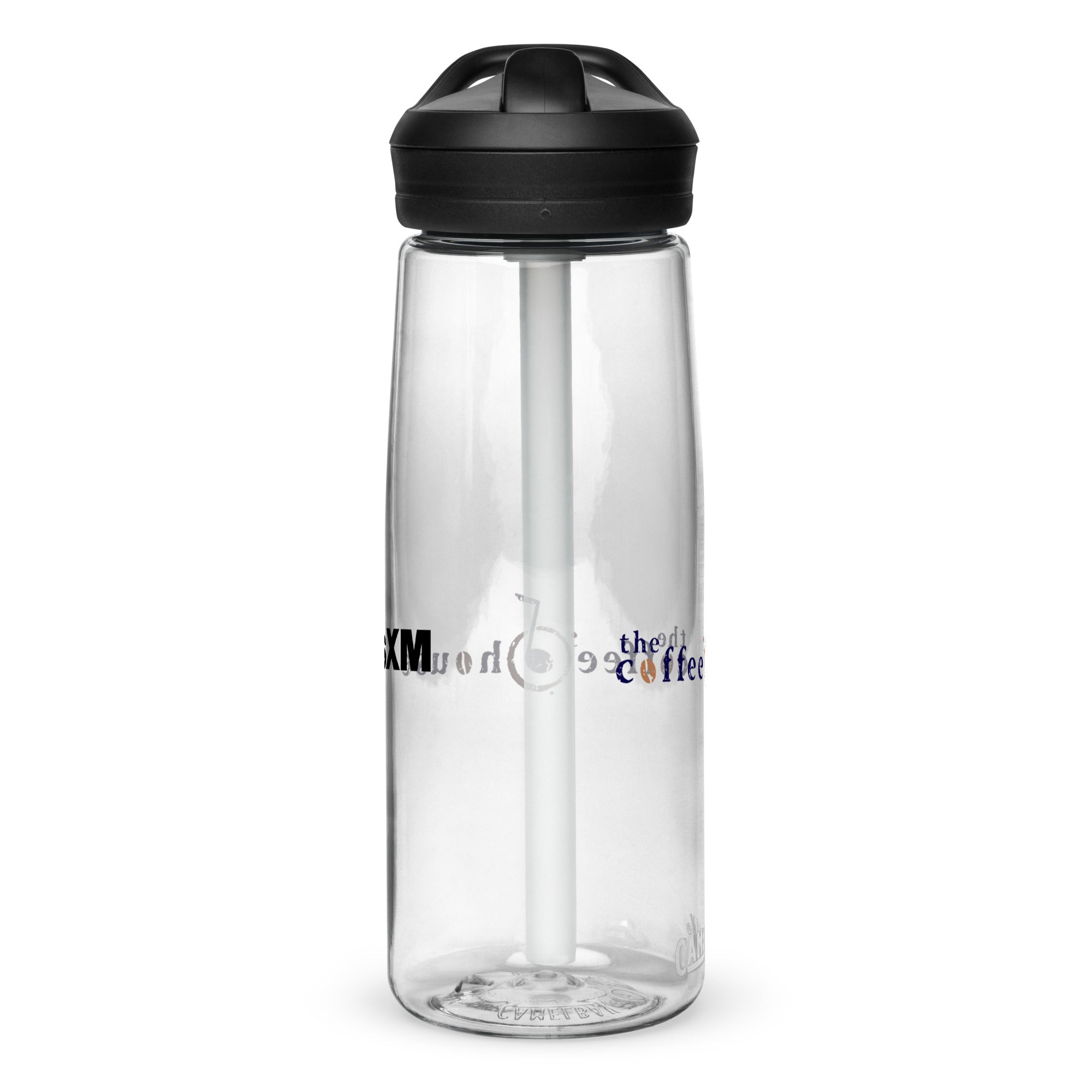 Left side of clear water bottle with partial view front and back logos.