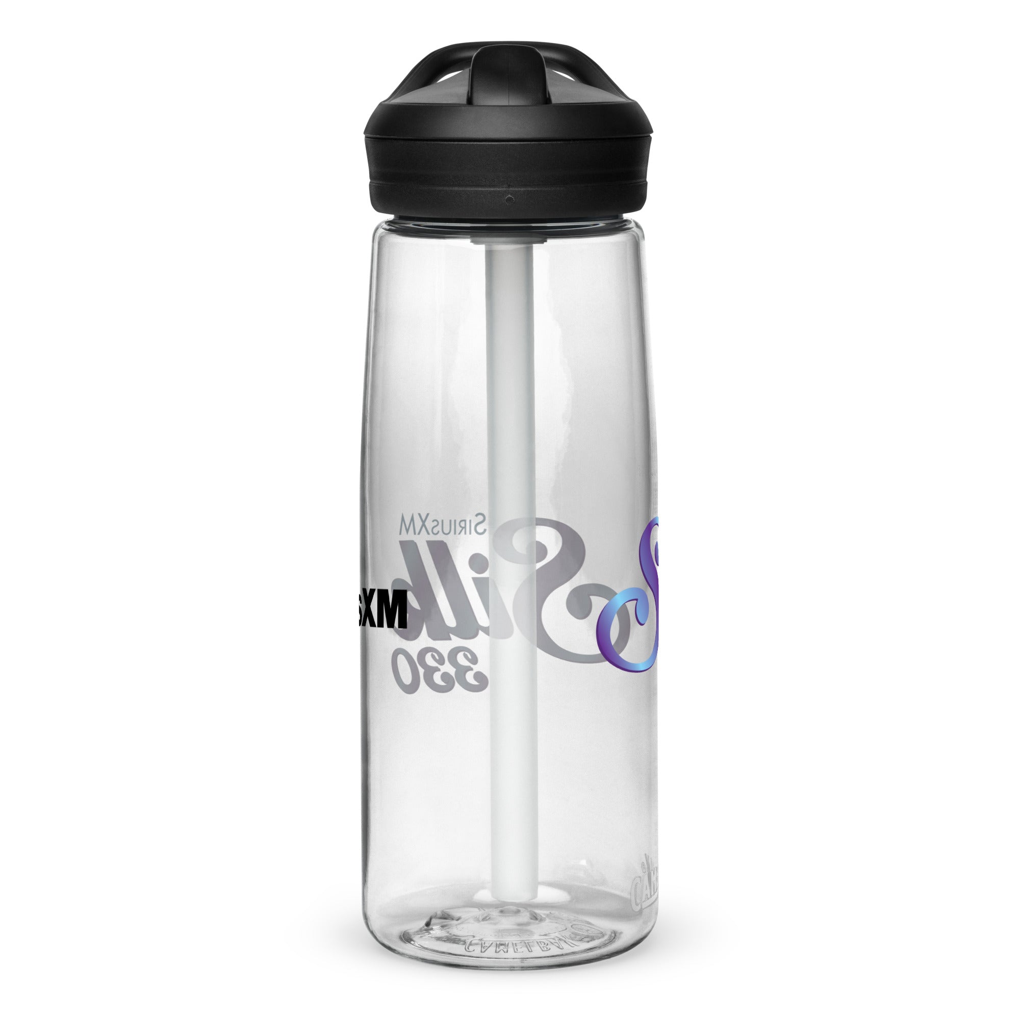 Left side of clear water bottle with partial view front and back logos.