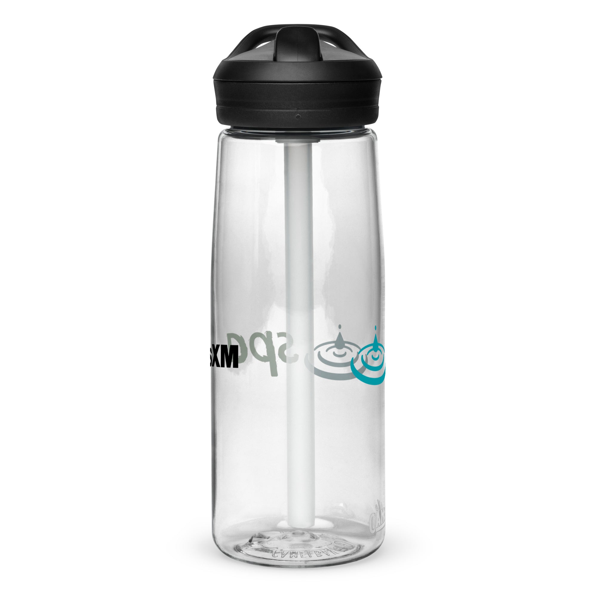 Left side of clear water bottle with partial view front and back logos.