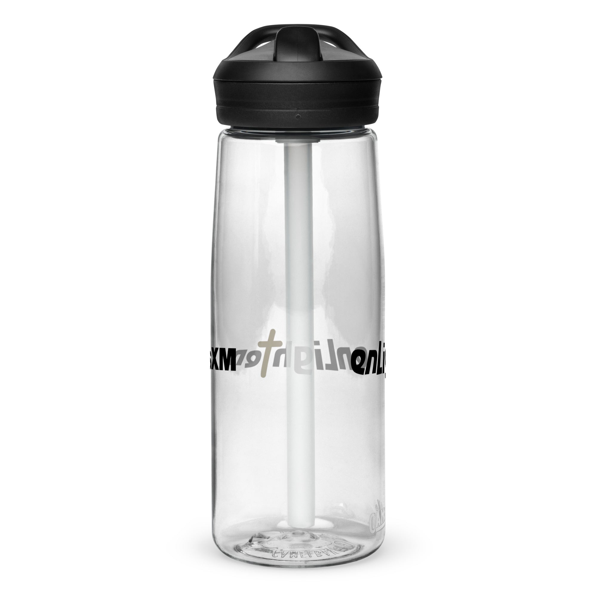 Left side of clear water bottle with partial view front and back logos.