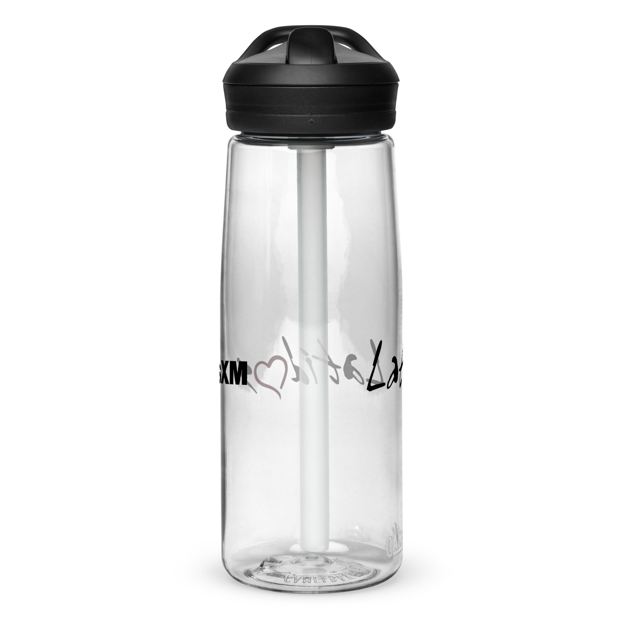 Left side of clear water bottle with partial view front and back logos.