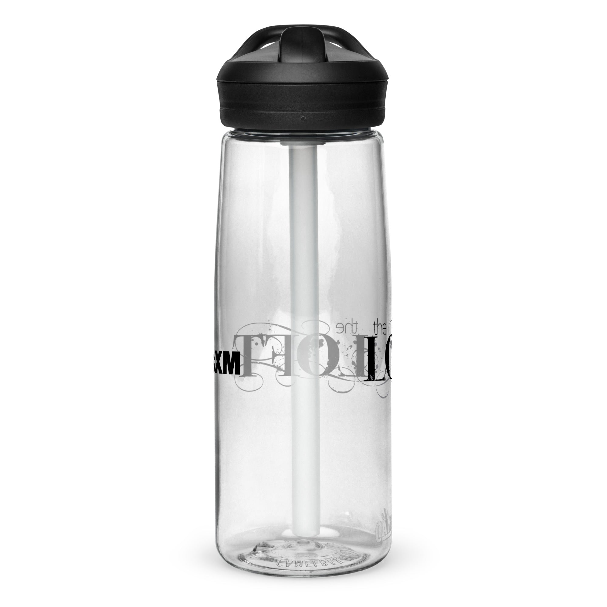 Left side of clear water bottle with partial view front and back logos.
