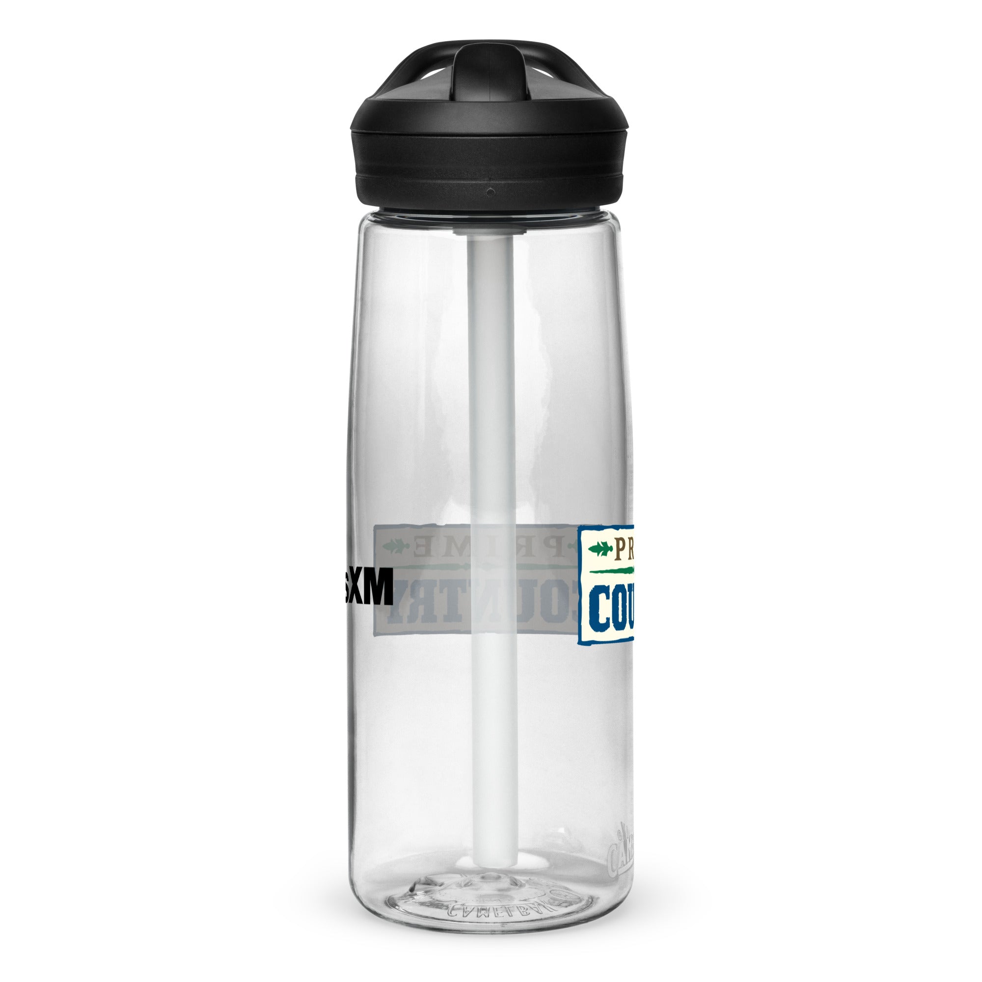 Left side of clear water bottle with partial view front and back logos.