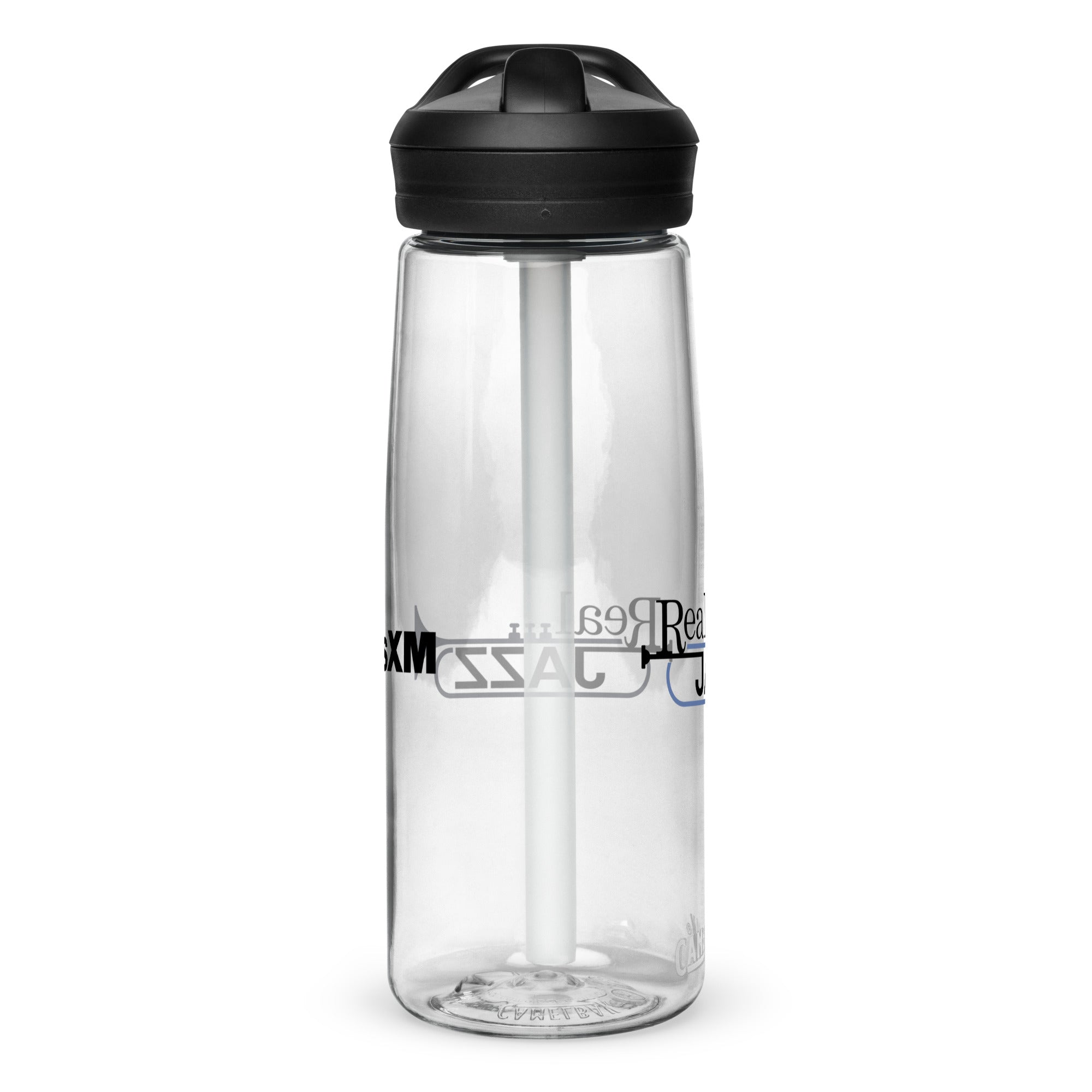 Left side of clear water bottle with partial view front and back logos.