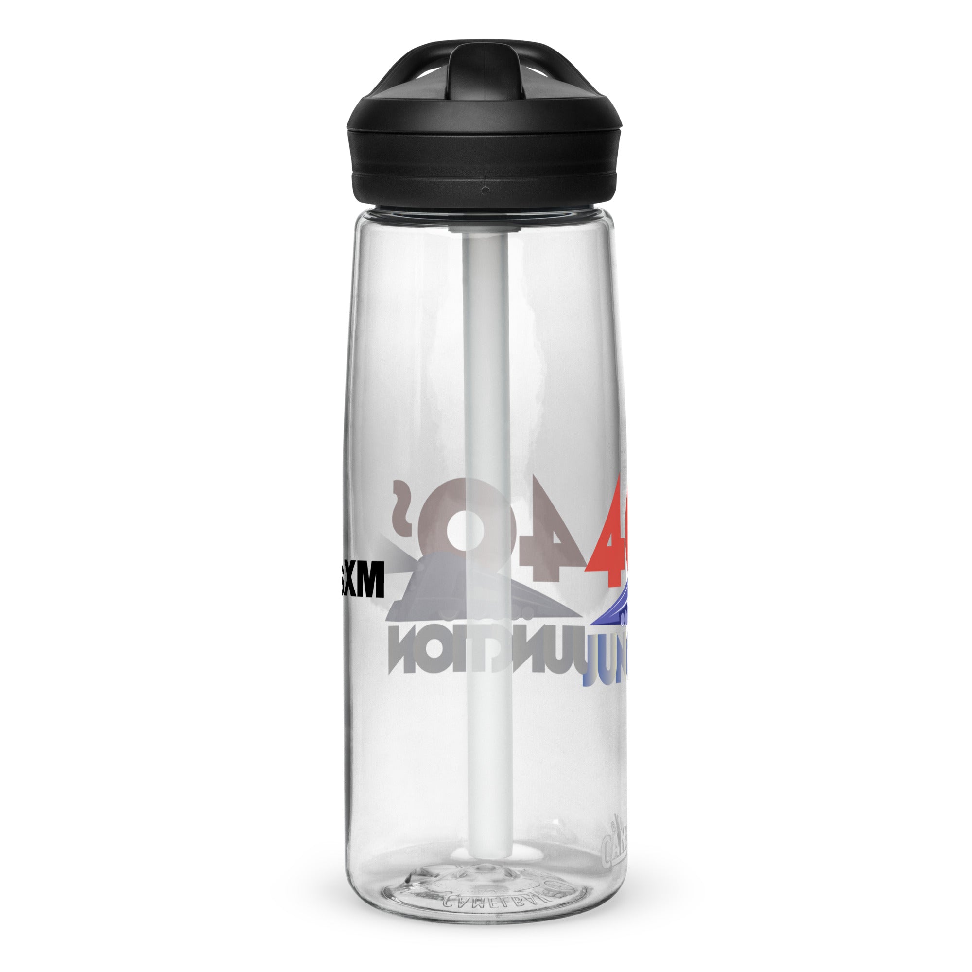 Left side of clear water bottle with partial view front and back logos.