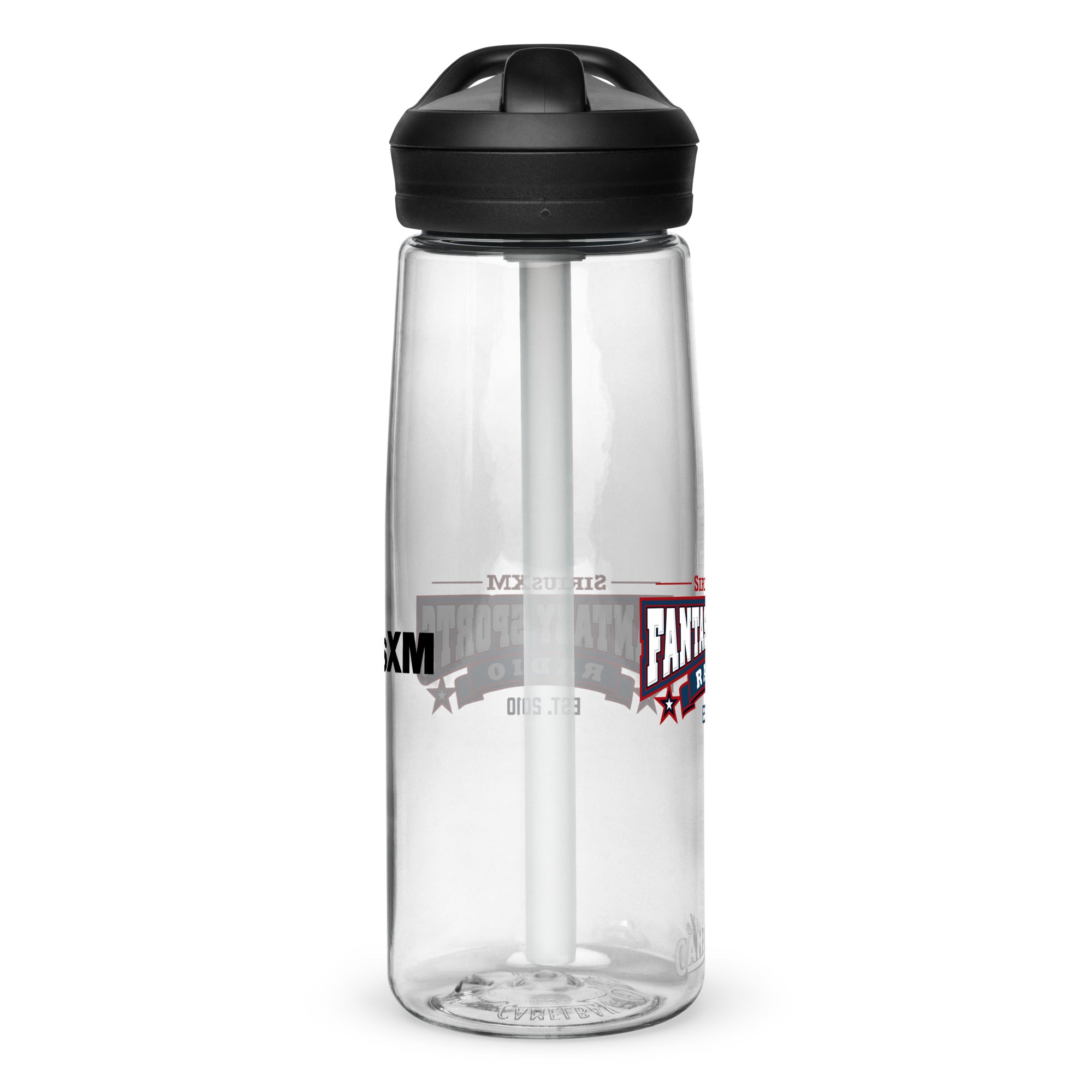 Left side of clear water bottle with partial view front and back logos.