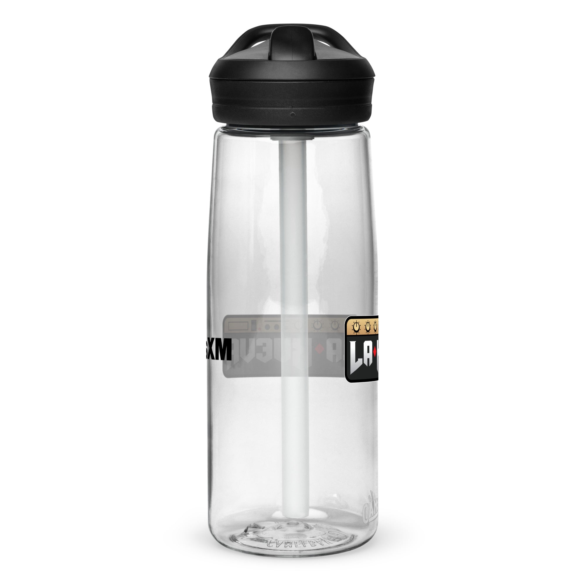 Left side of clear water bottle with partial view front and back logos.