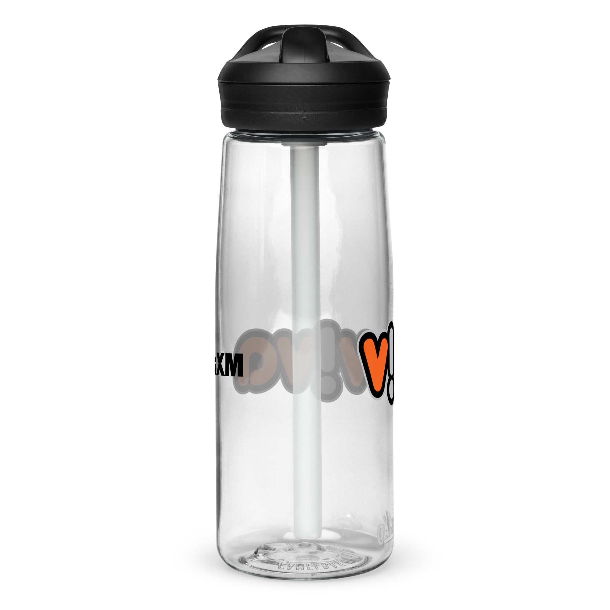 Left side of clear water bottle with partial view front and back logos.