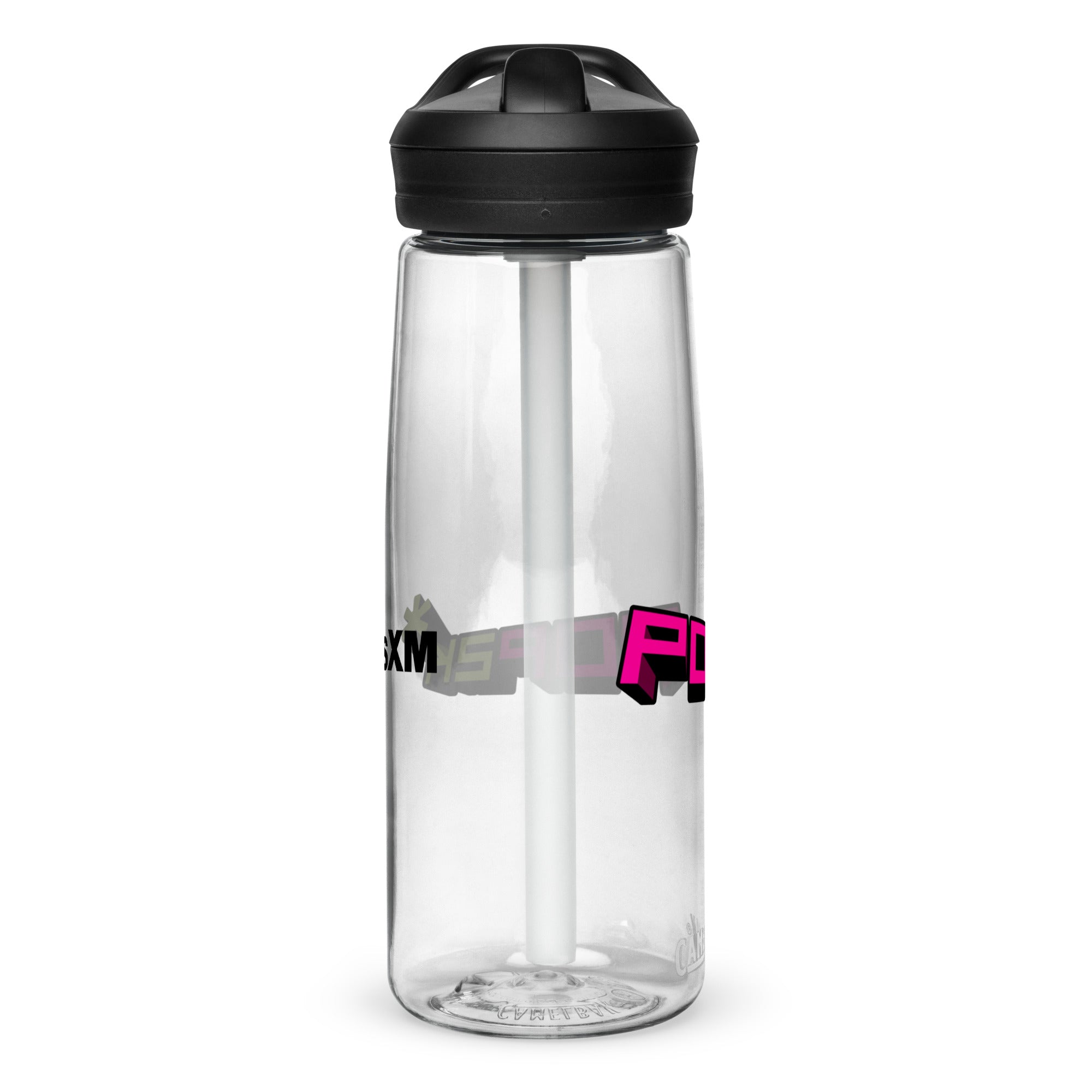 Left side of clear water bottle with partial view front and back logos.