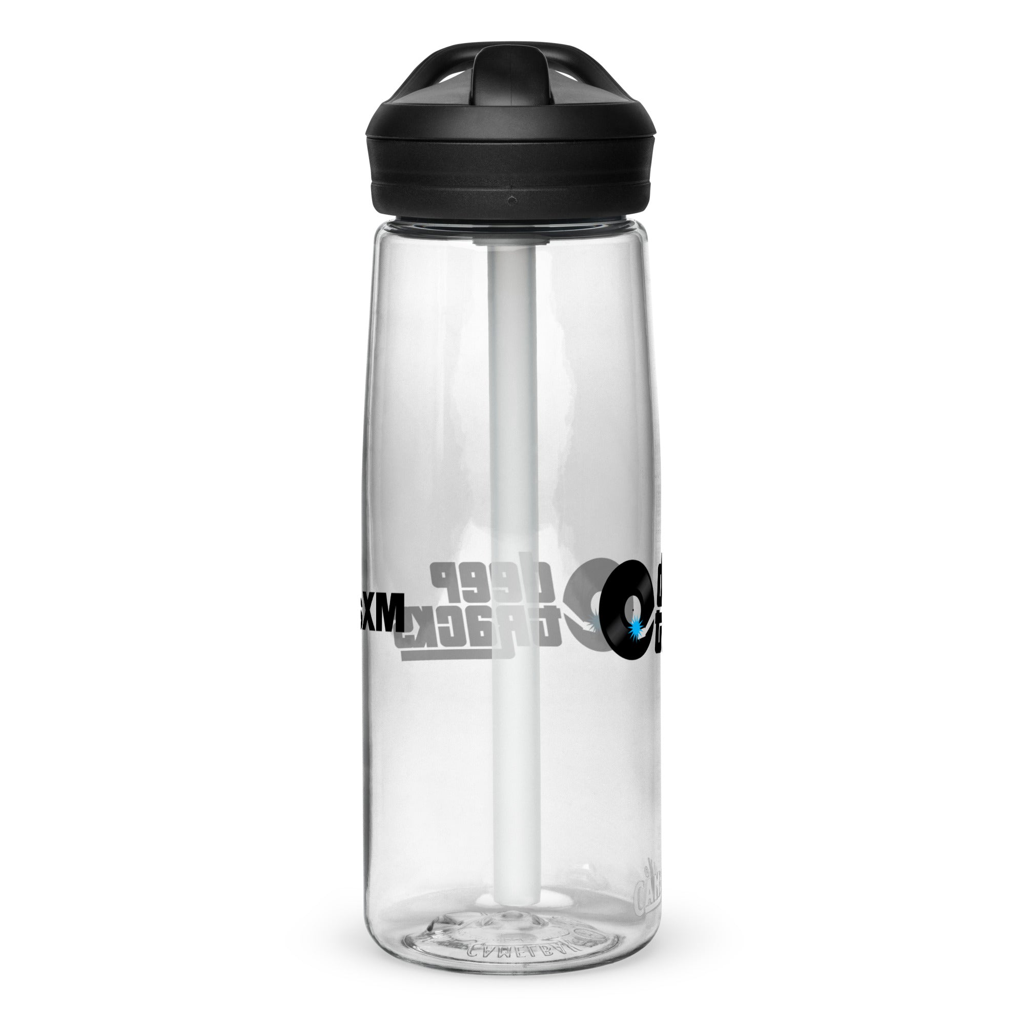 Left side of clear water bottle with partial view front and back logos.