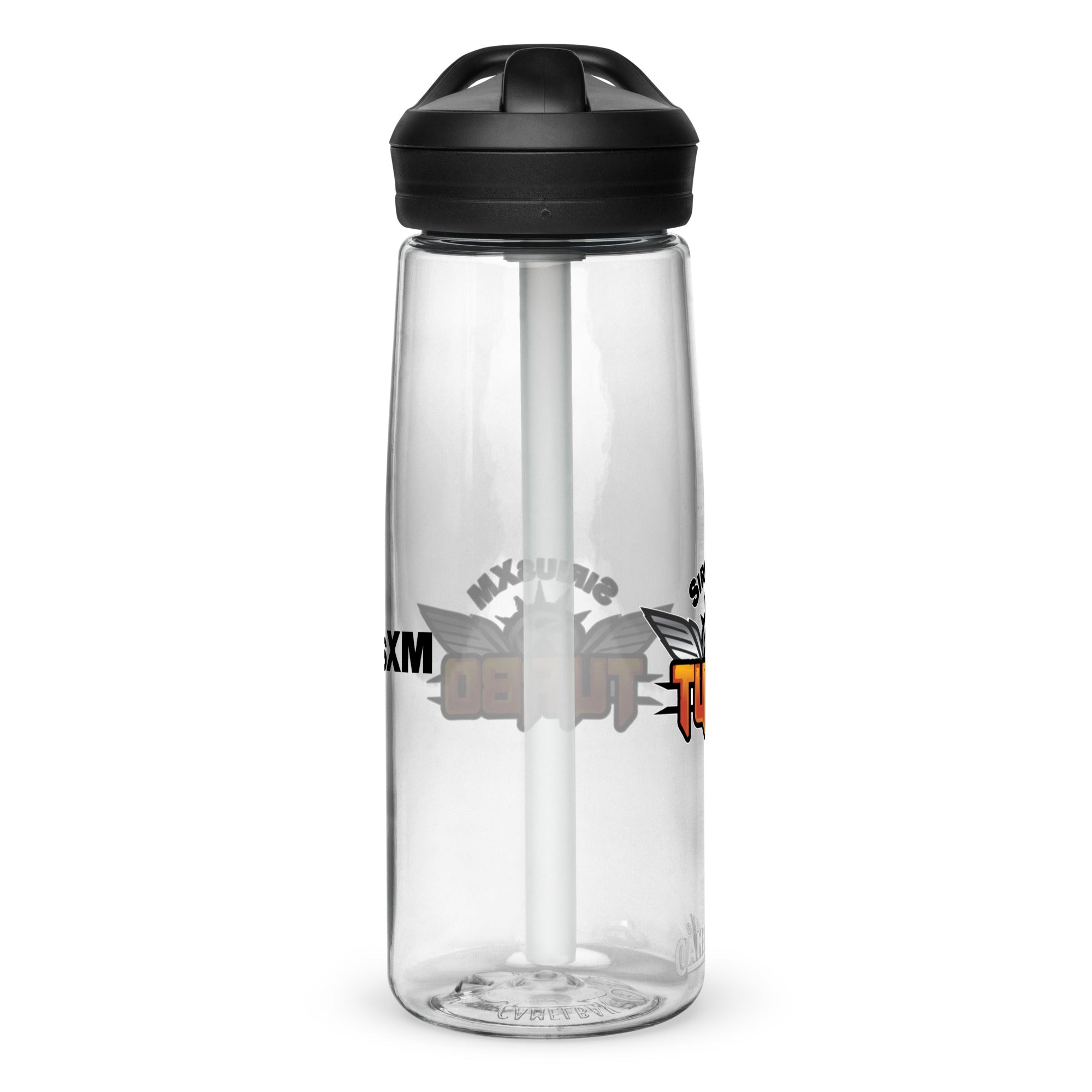 Left side of clear water bottle with partial view front and back logos.