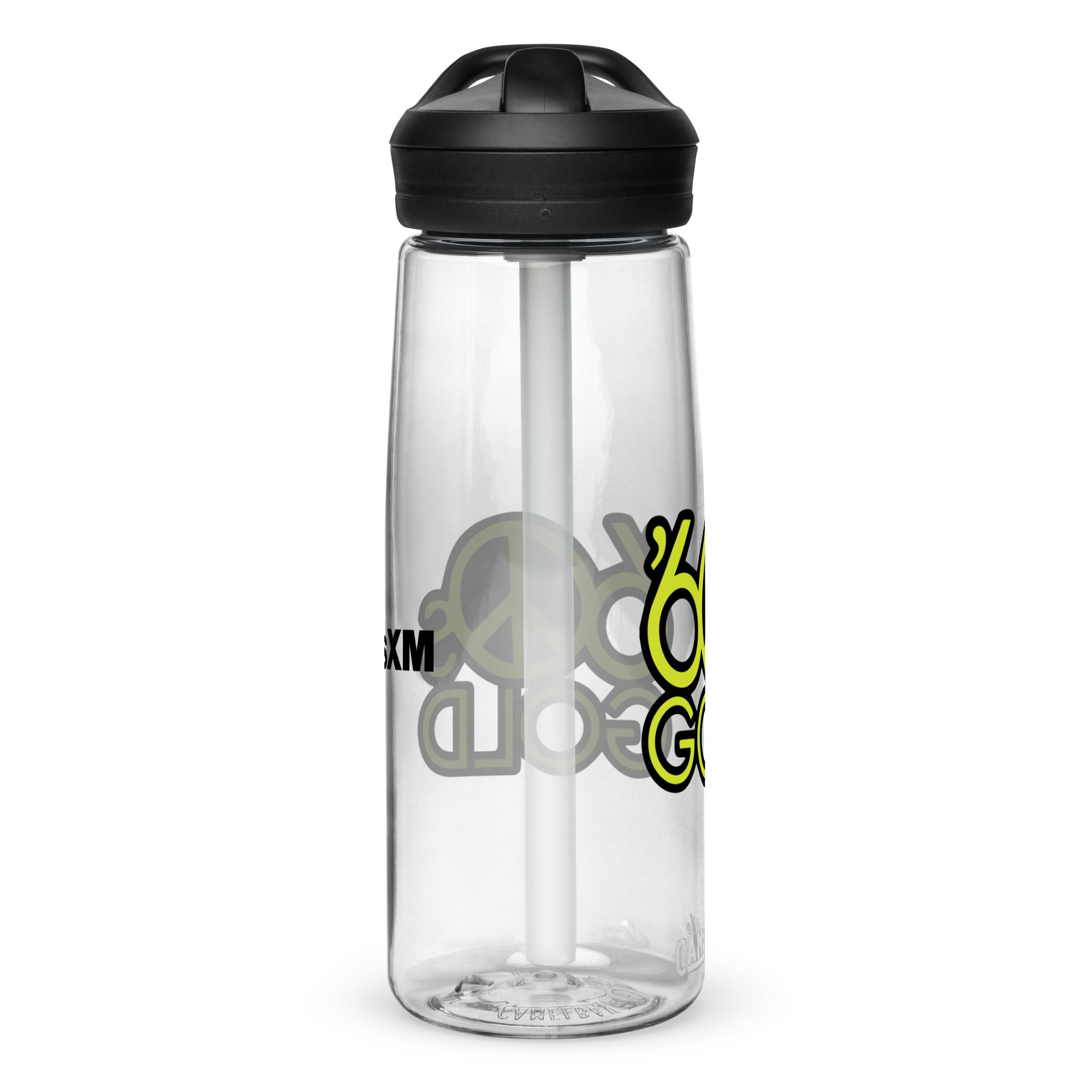 Left side of clear water bottle with partial view front and back logos.