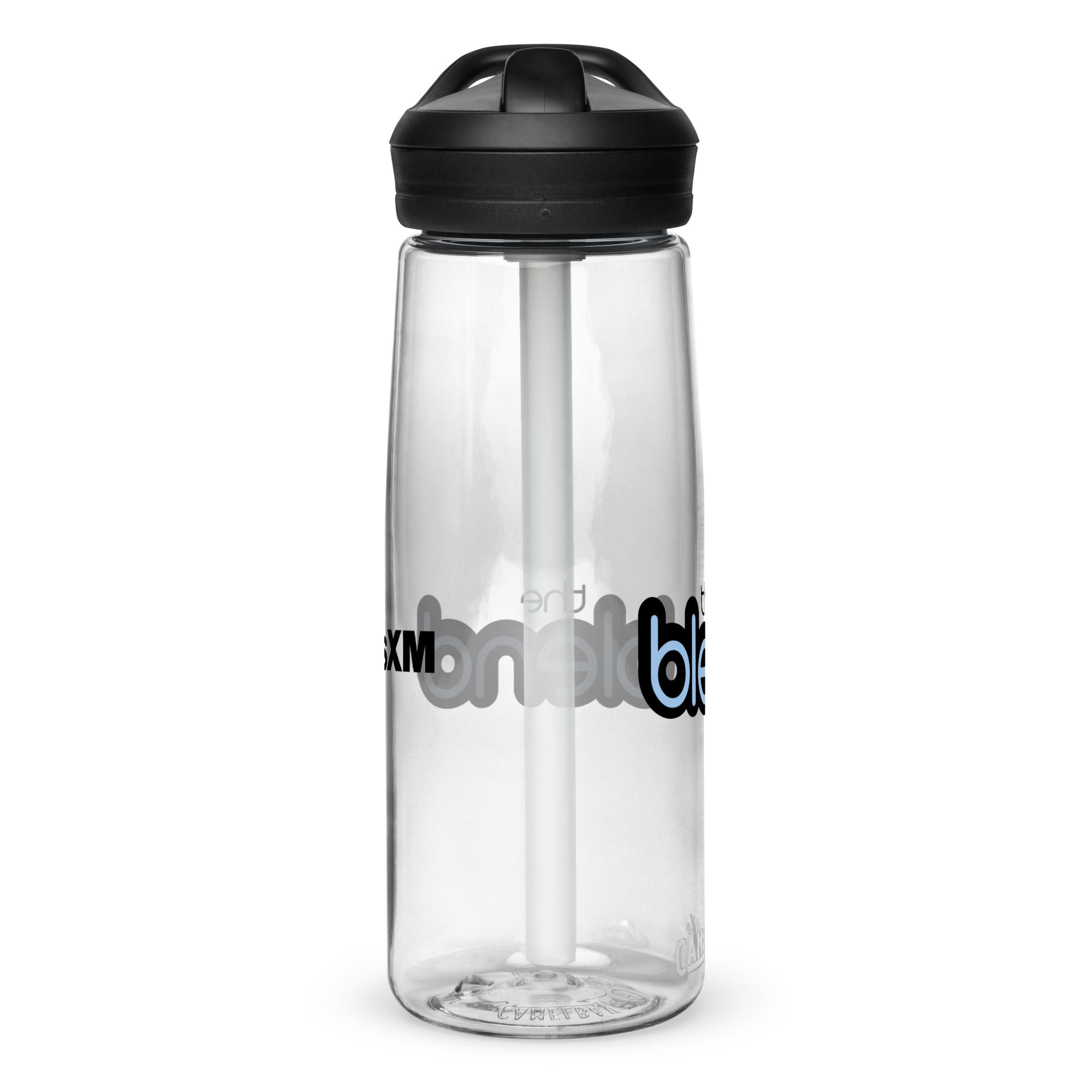 Left side of clear water bottle with partial view front and back logos.