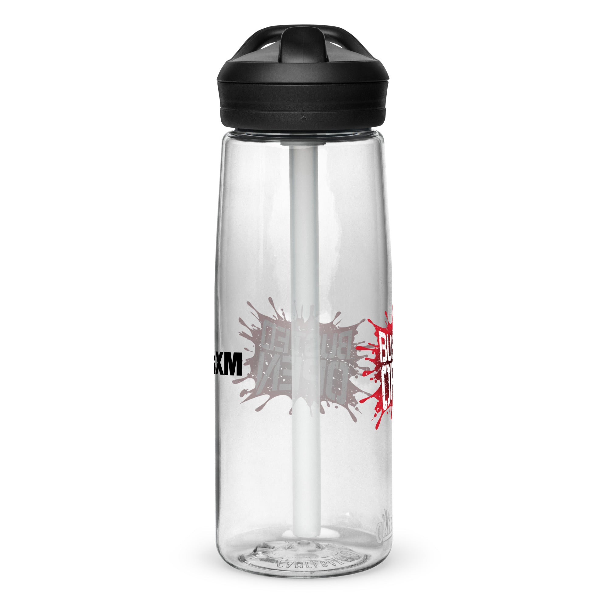 Left side of clear water bottle with partial view front and back logos.