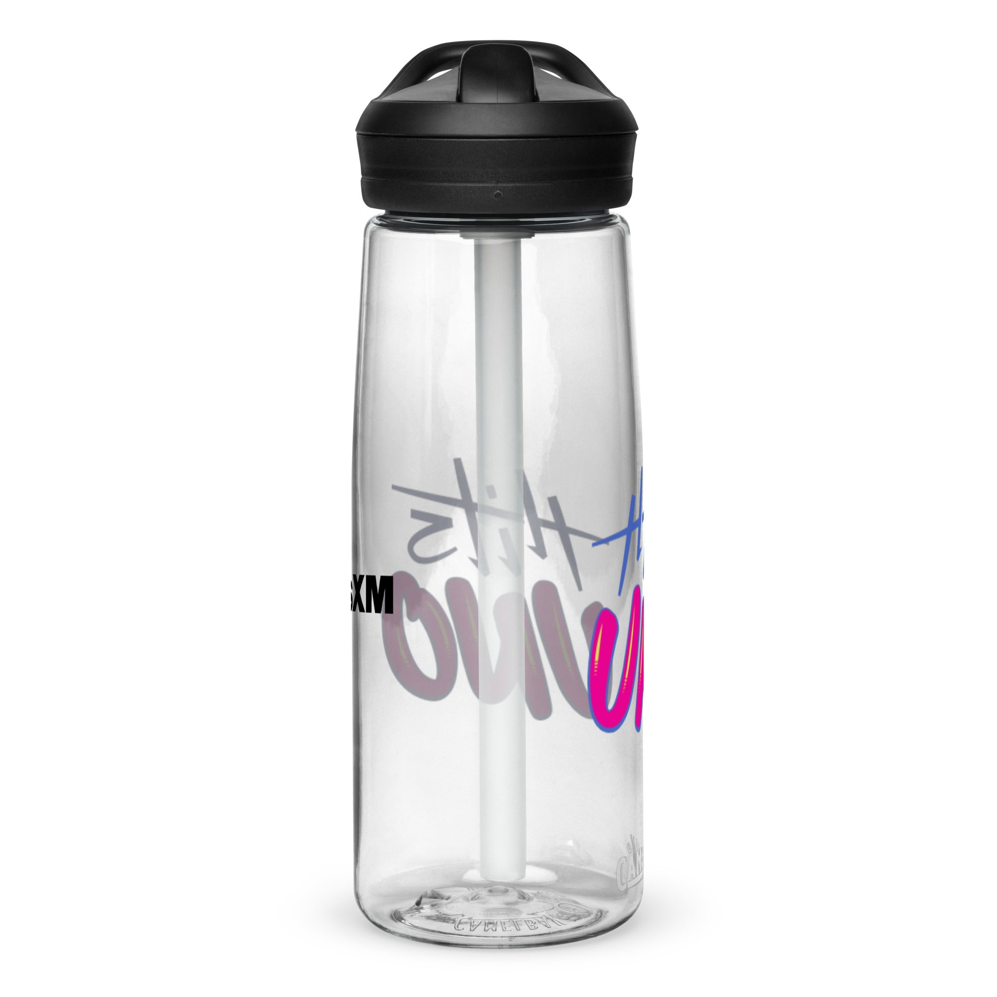 Side view of clear water bottle with a black lid and straw.
