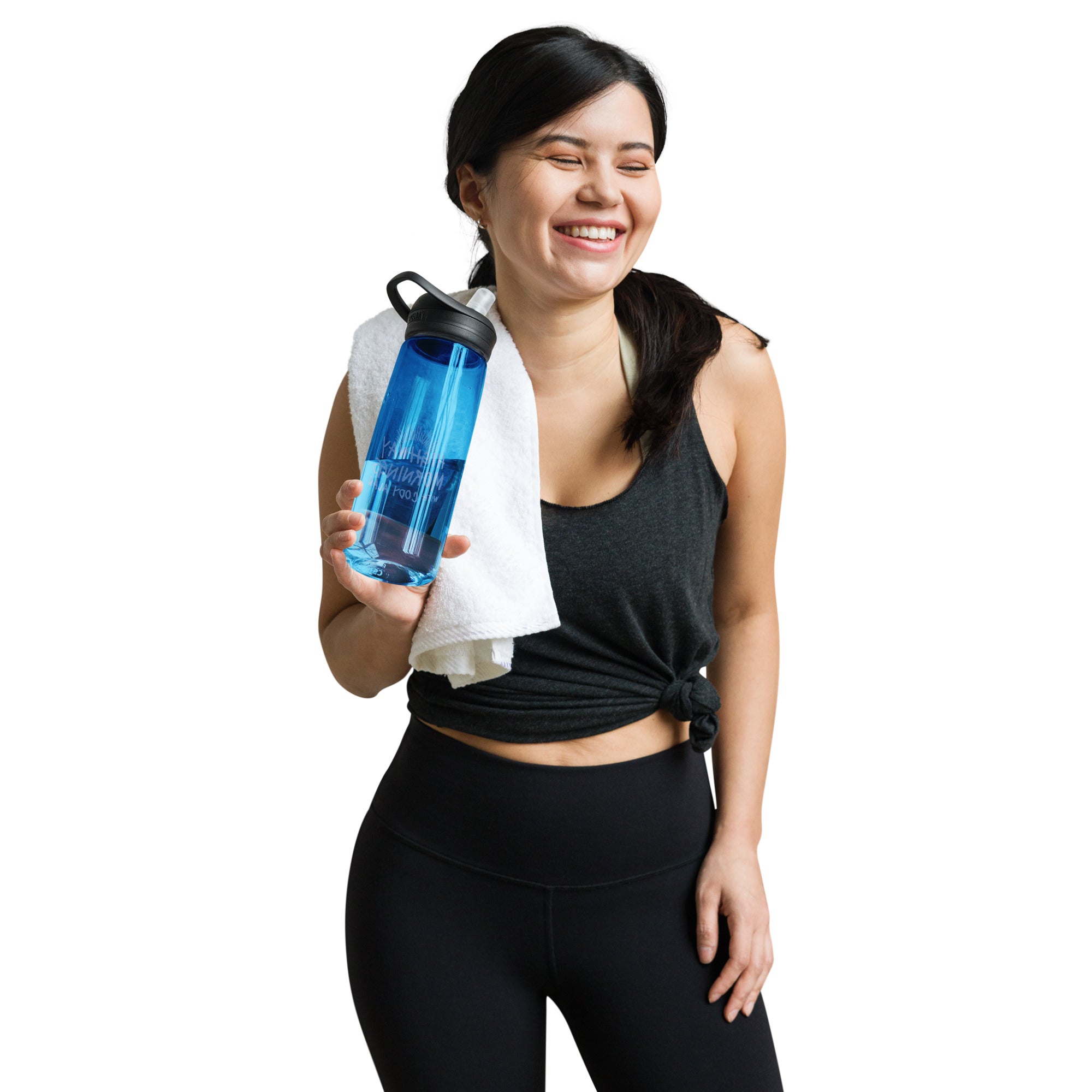 A smiling woman in workout attire holding the blue CamelBak bottle with the 'HIGHWAY MORNINGS WITH CODY ALAN' logo printed in white, and a white towel draped over her shoulder.