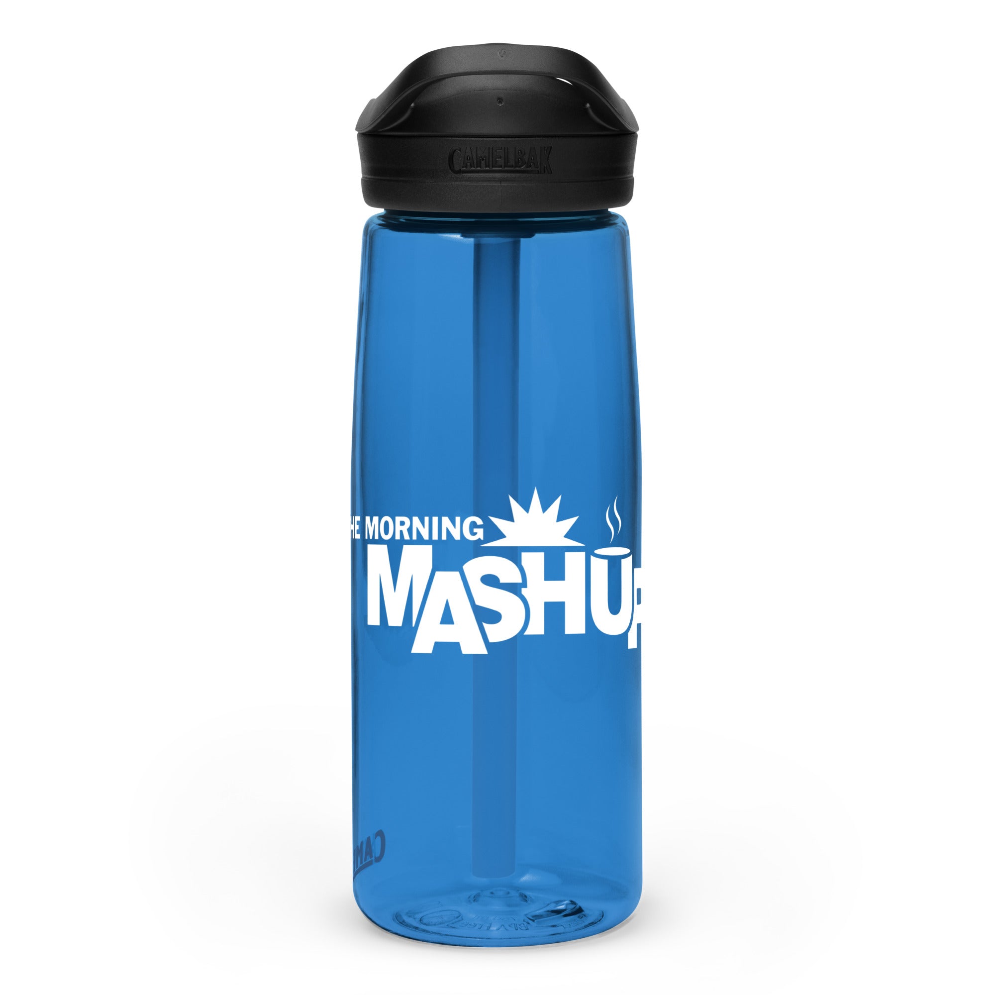 Blue water bottle with a flip-top lid and straw, featuring the 'THE MORNING MASHUP' logo in white.