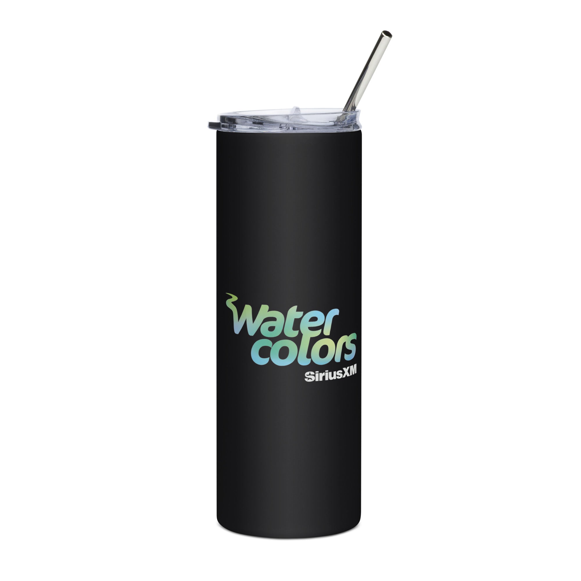 Black tumbler with a clear lid and straw, featuring 'Water Colors' in blue and green gradient font and 'SiriusXM' logo in white.