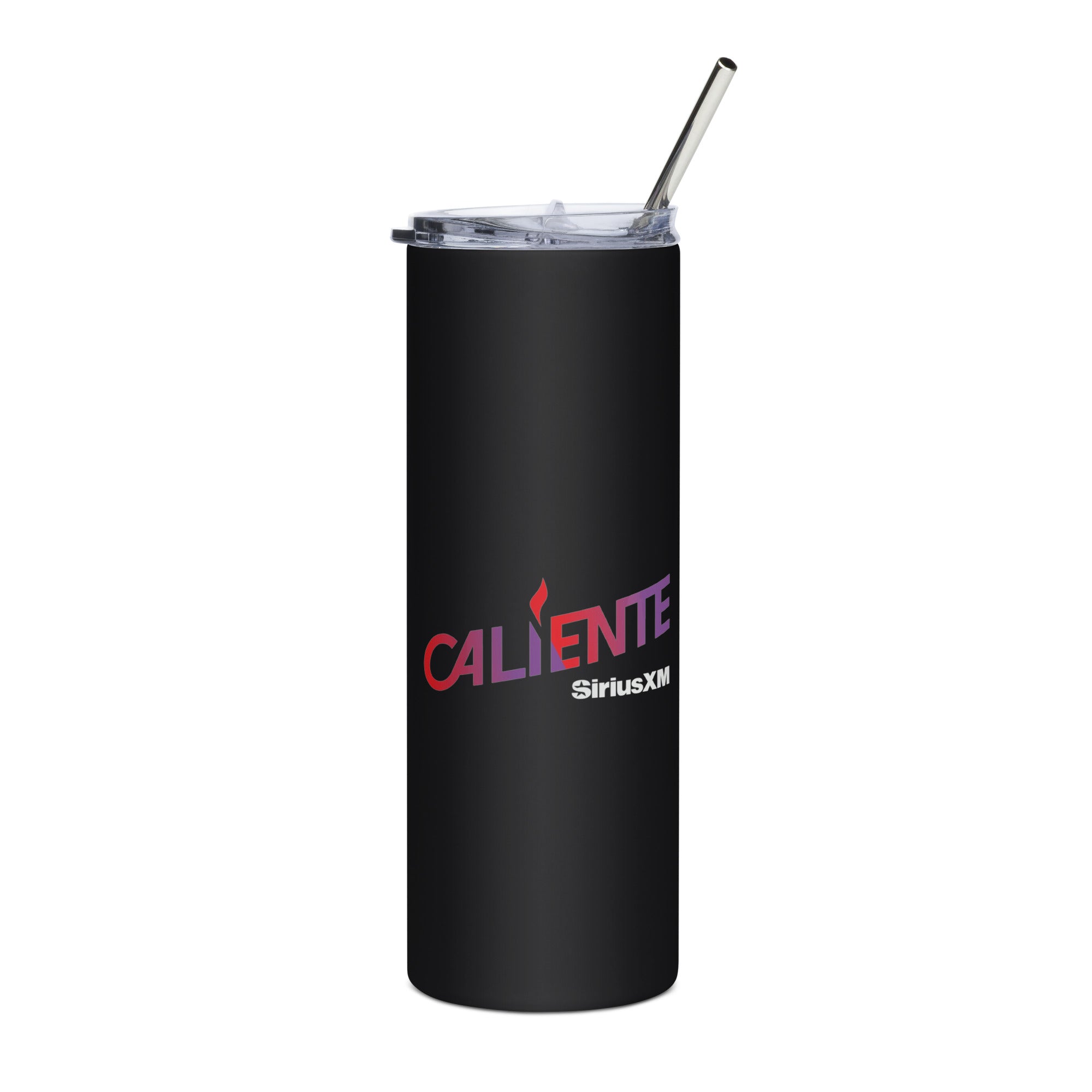 Black drink tumbler with a clear lid and straw, featuring 'CALIENTE' logo in vibrant red to purple gradient letters. 'SiriusXM' logo in white underneath.