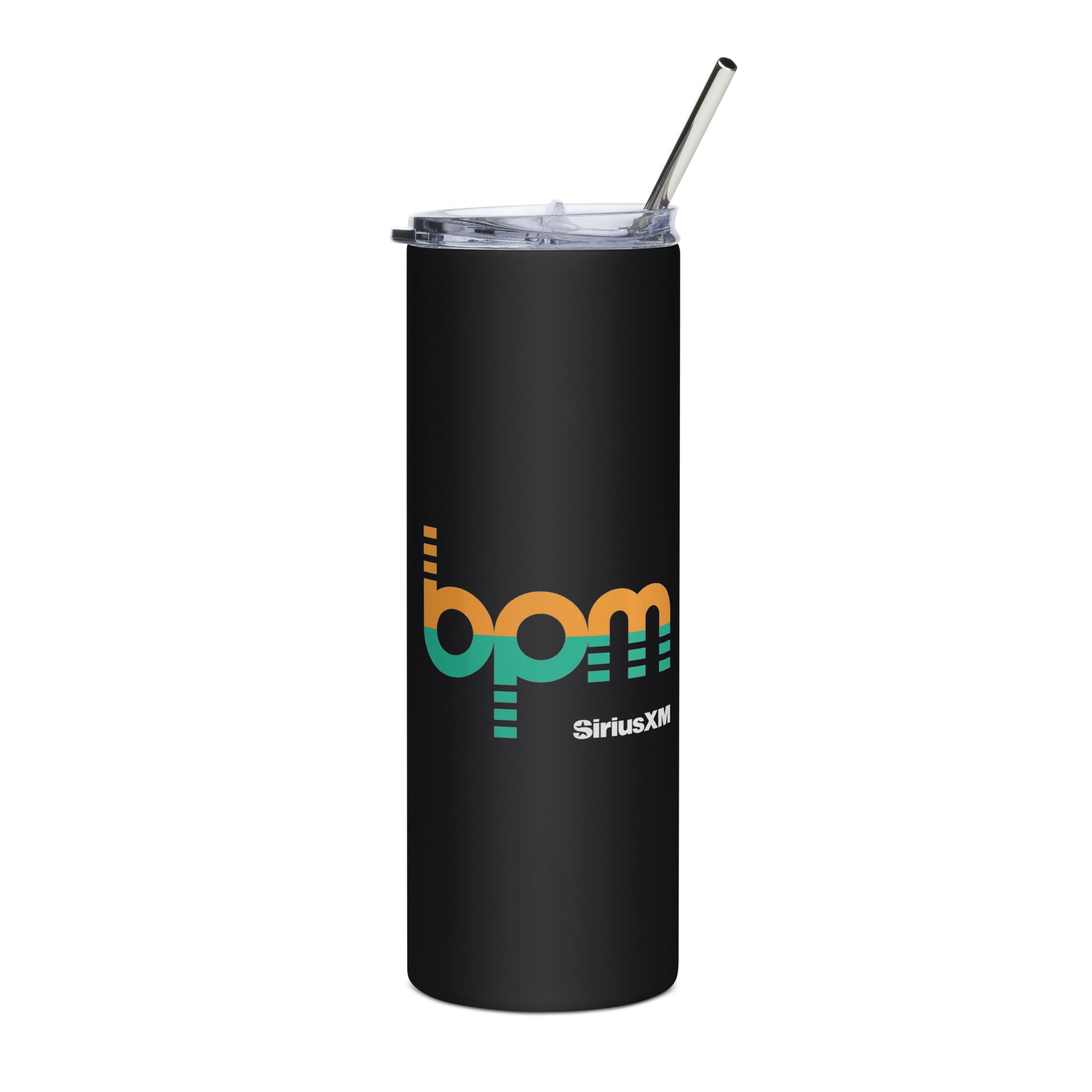 Black tumbler with clear lid and straw, featuring 'bpm' logo in orange and green and 'SiriusXM' branding in white.
