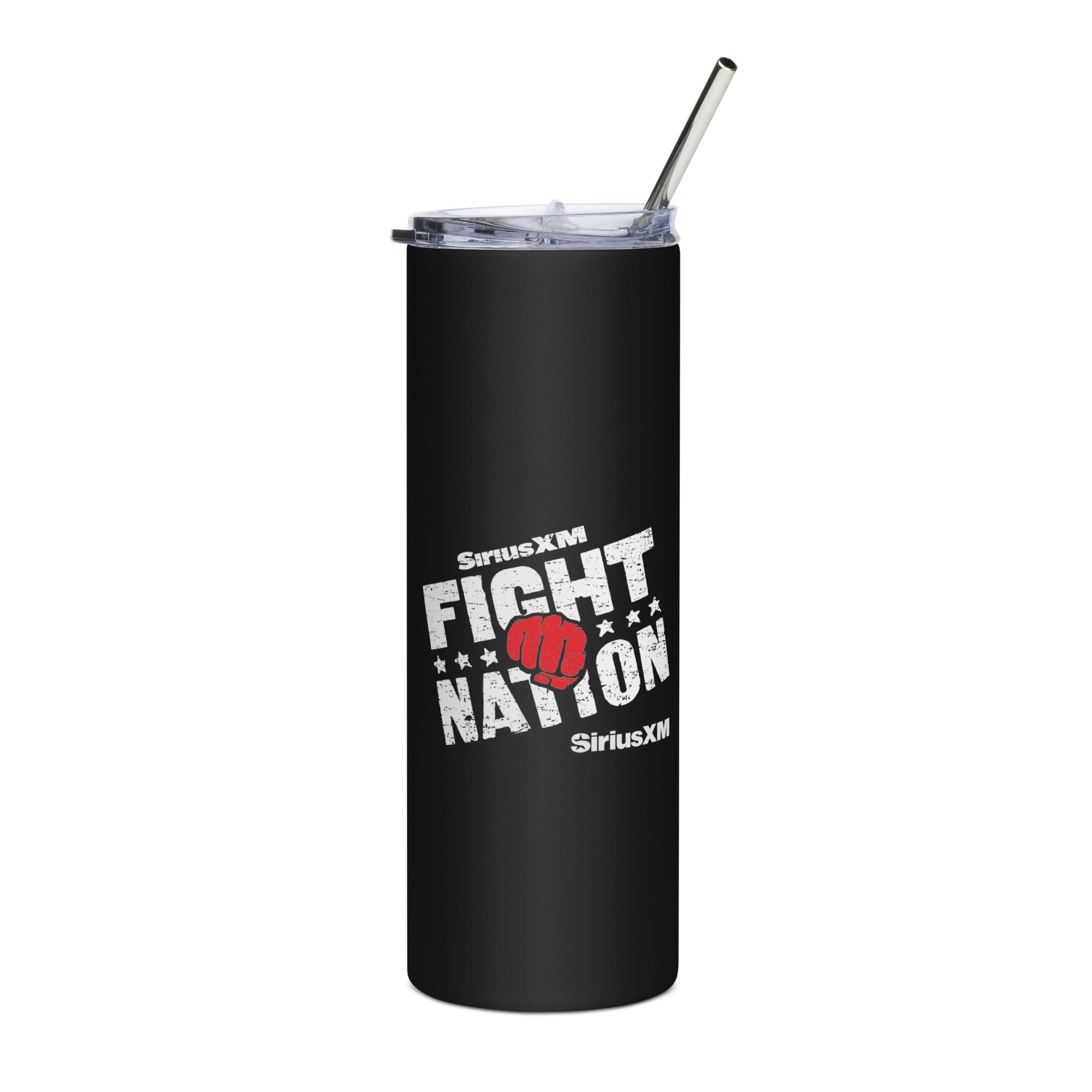 Black tumbler with a clear lid and straw featuring 'SiriusXM FIGHT NATION' in white and a red fist design.