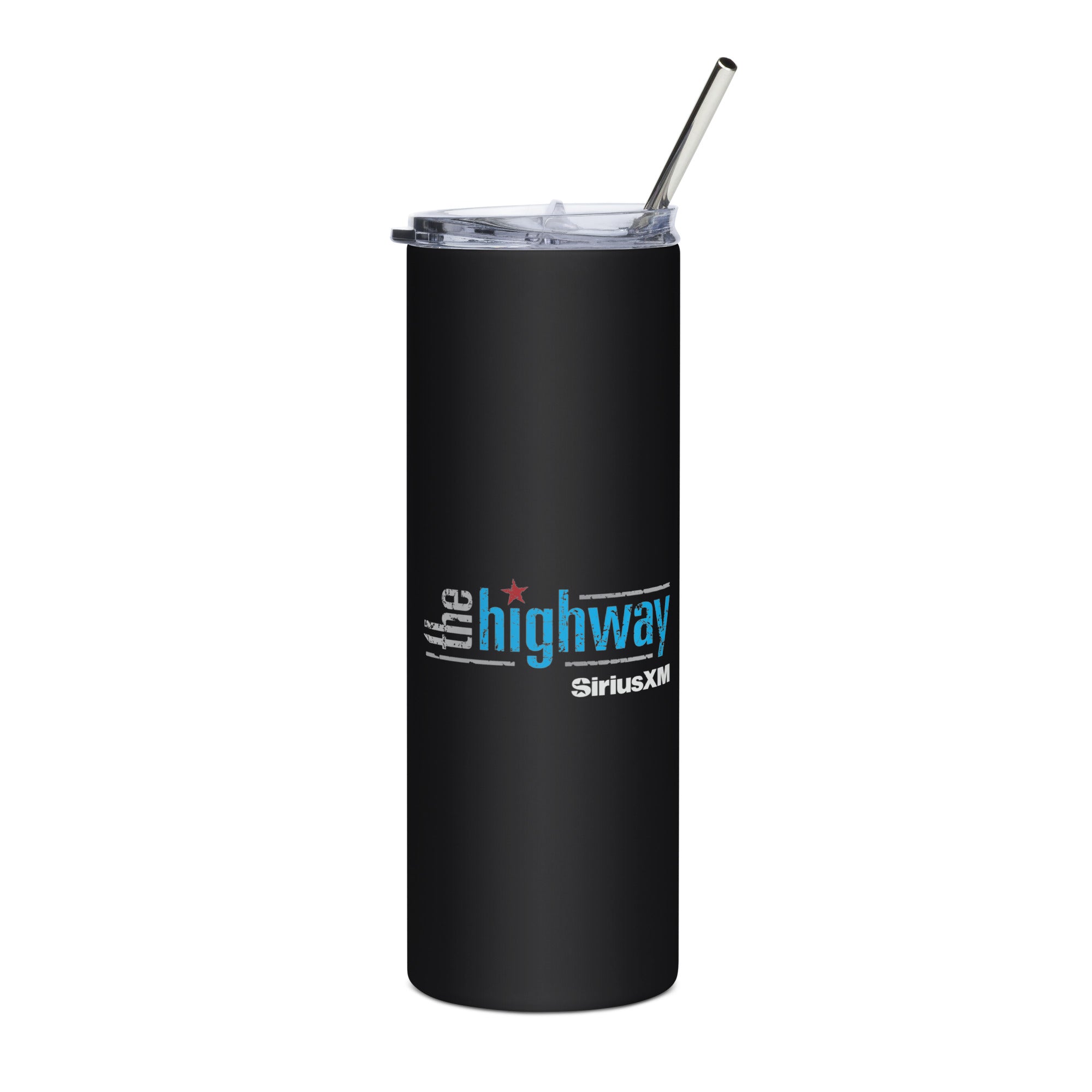 Black tumbler with clear lid and straw featuring 'the highway' logo in blue, gray, and red colors, with a star element. Also including the 'SiriusXM' logo smaller underneath in white.