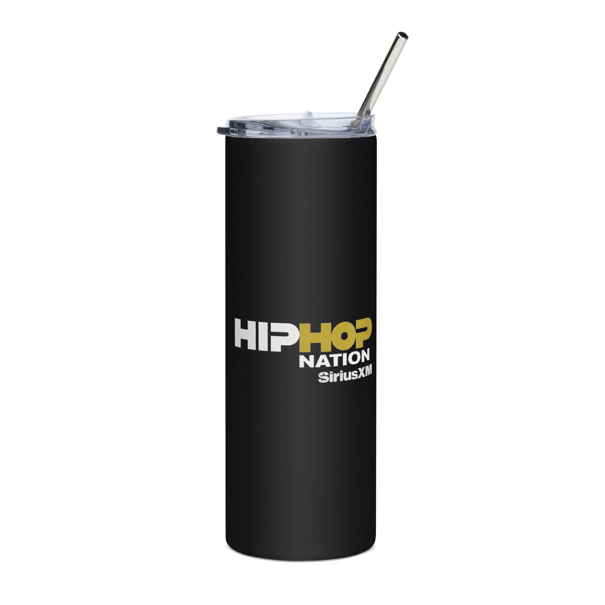 Black tumbler with 'HIP HOP NATION' and 'SiriusXM' logos, featuring a transparent lid and metal straw.