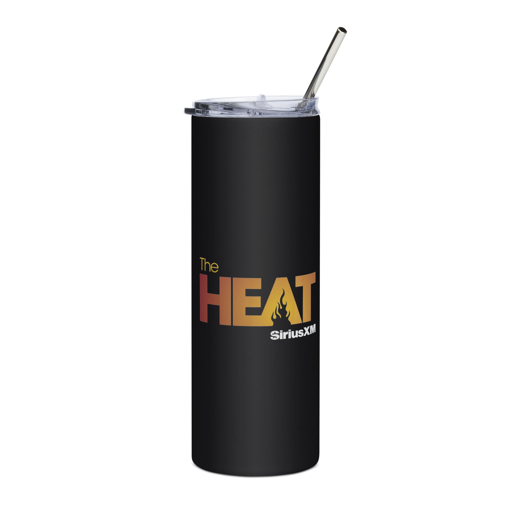 Black tumbler with 'The HEAT' logo in orange to yellow gradient with flame graphic and SiriusXM branding, featuring a clear lid and straw.