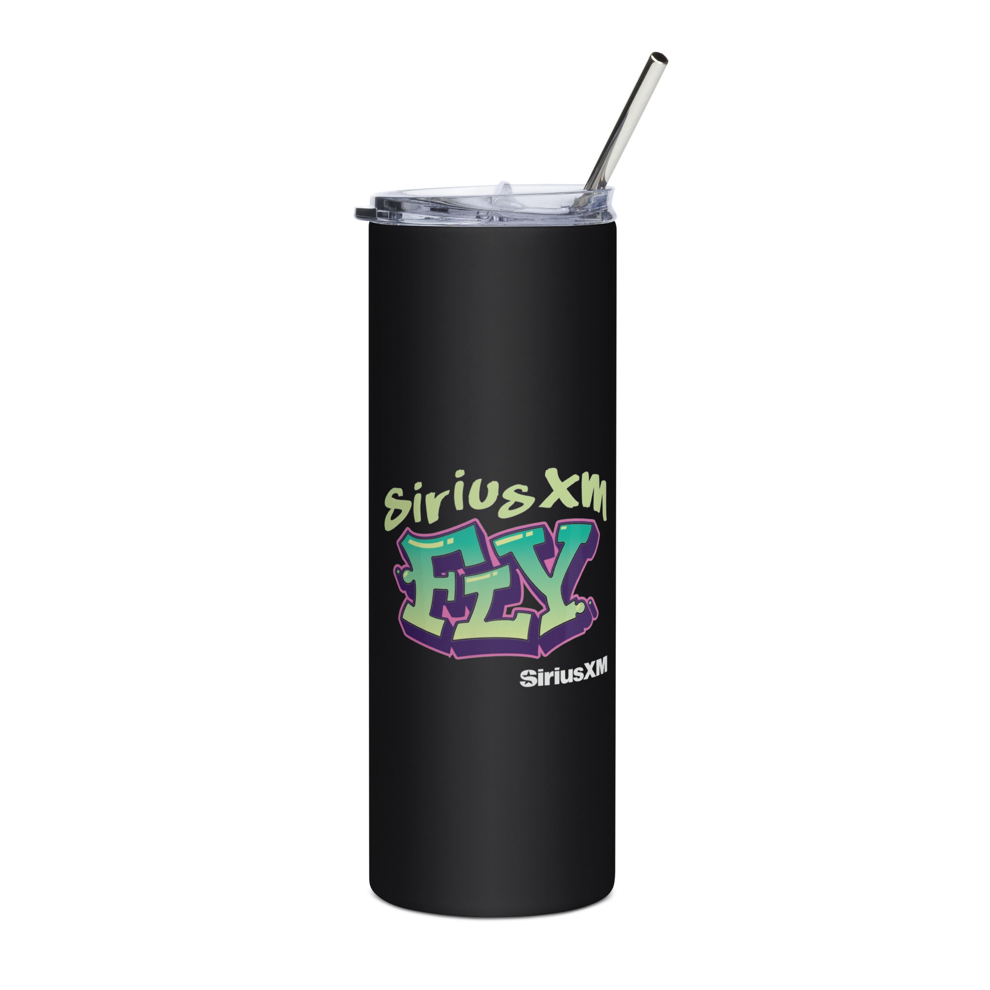 Black tumbler with a clear lid and straw featuring 'SiriusXM FLY' in colorful graffiti-style lettering. Colors include blue, green, and pink.