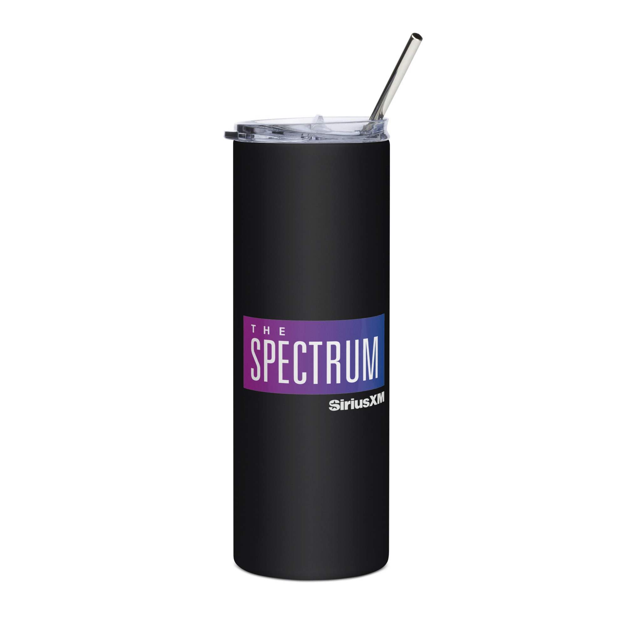 Black tumbler featuring 'THE SPECTRUM' and 'SiriusXM' logo in a purple to blue gradient, equipped with a clear lid and straw.