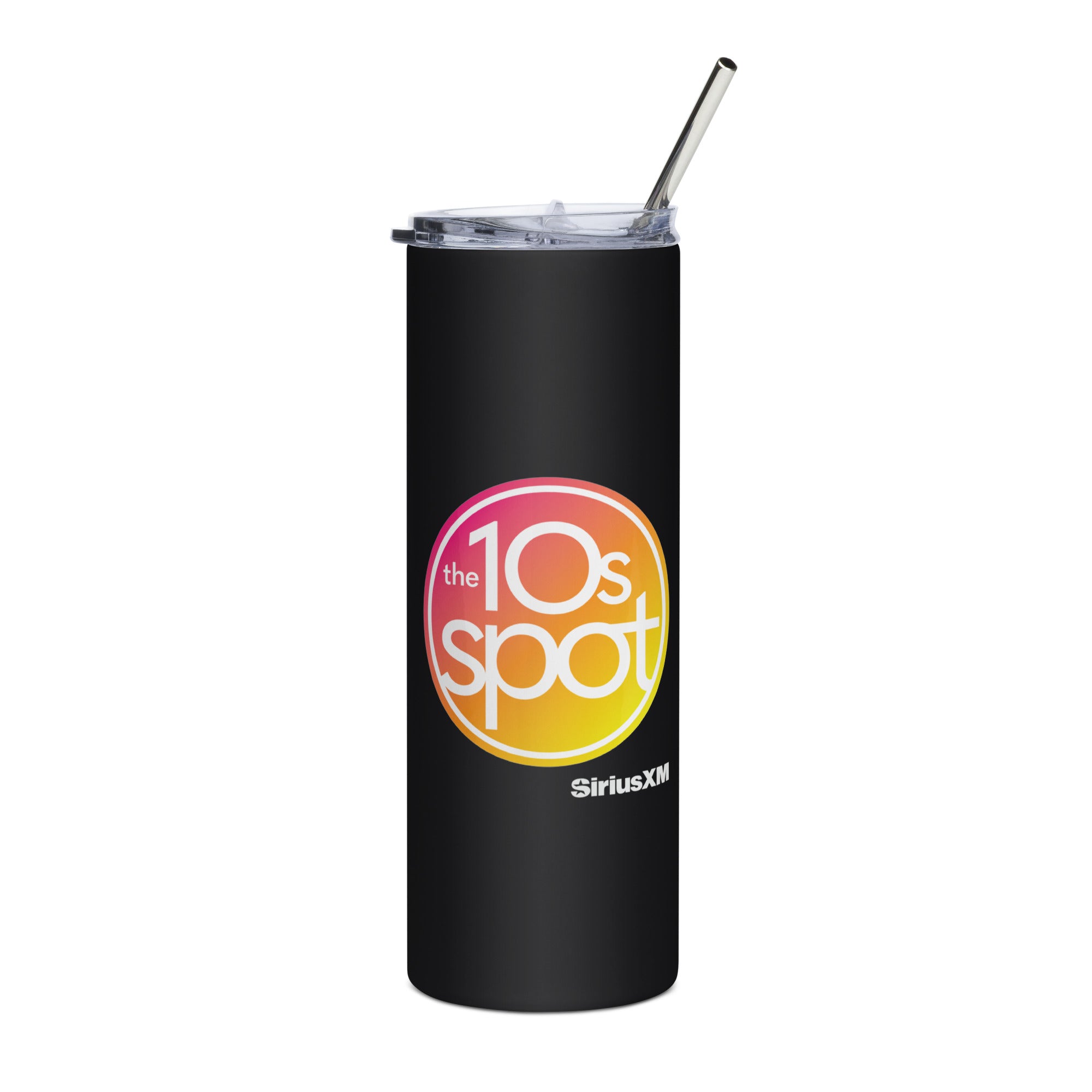 Black tumbler with 'the 10s spot' logo in pinks and oranges and SiriusXM branding, featuring a straw and clear lid.