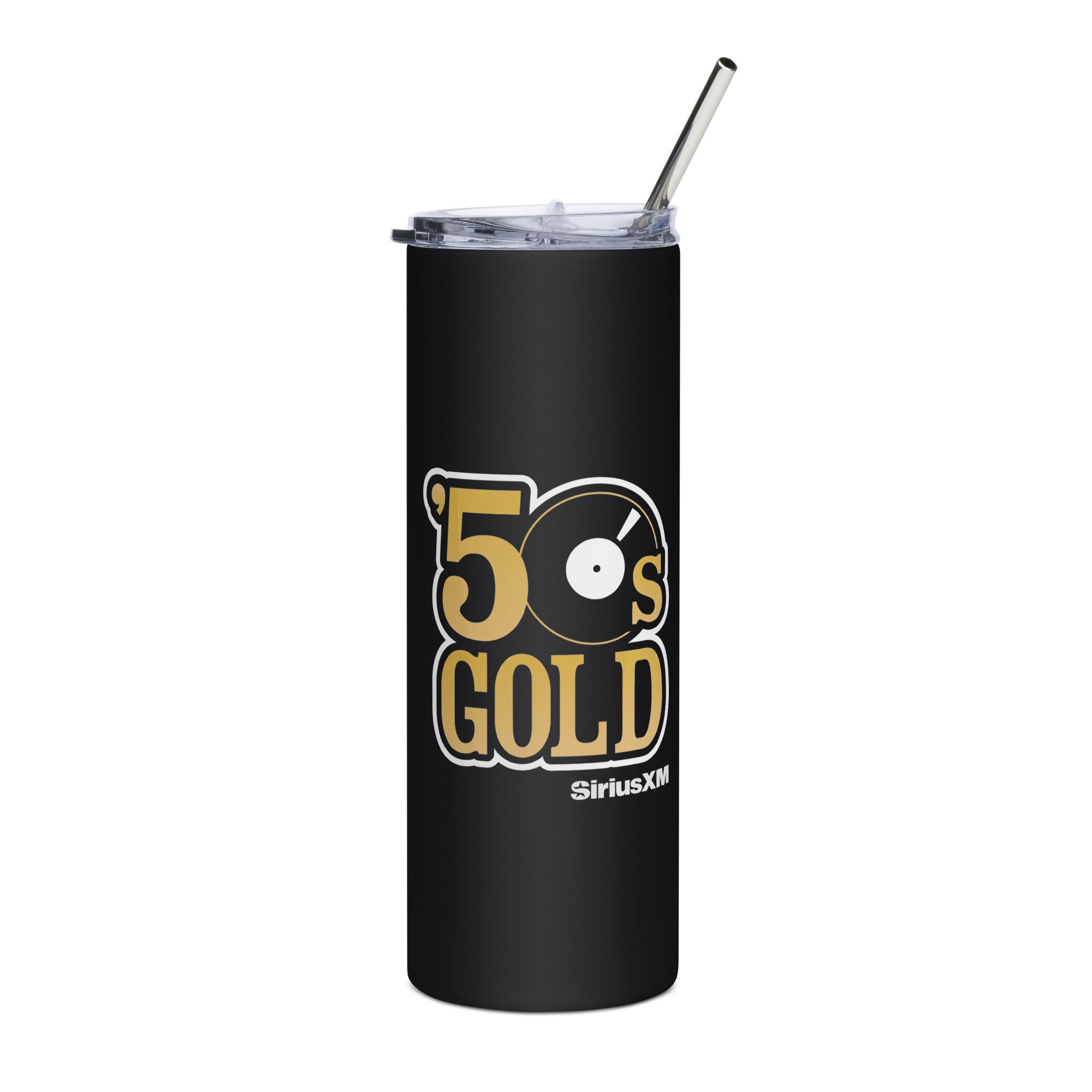 Black tumbler with '50s GOLD' logo in black, white and gold and straw, featuring a vinyl record design.