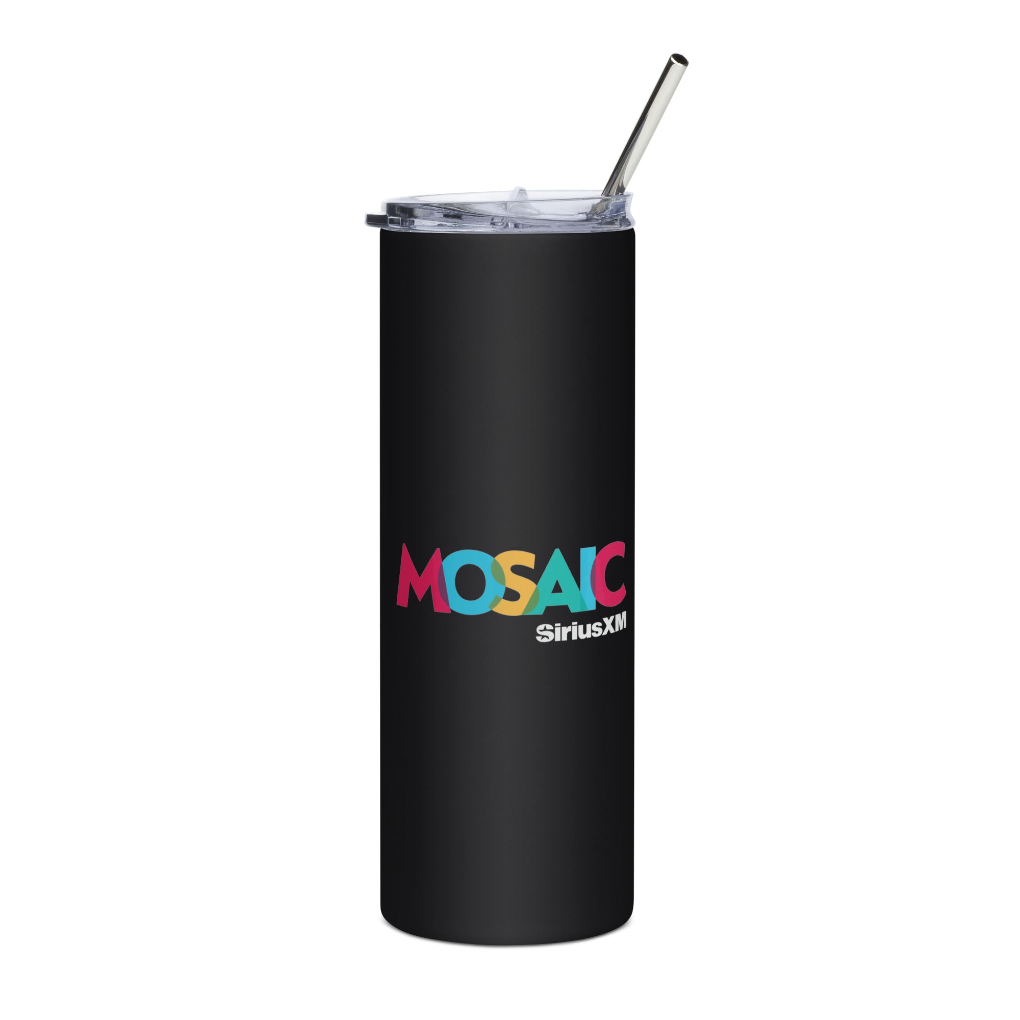Black tumbler with colorful 'MOSAIC' text  in cranberry, blue, yellow, and tourquise. 'SiriusXM' logo in white underneath. featuring a clear lid and metal straw.
