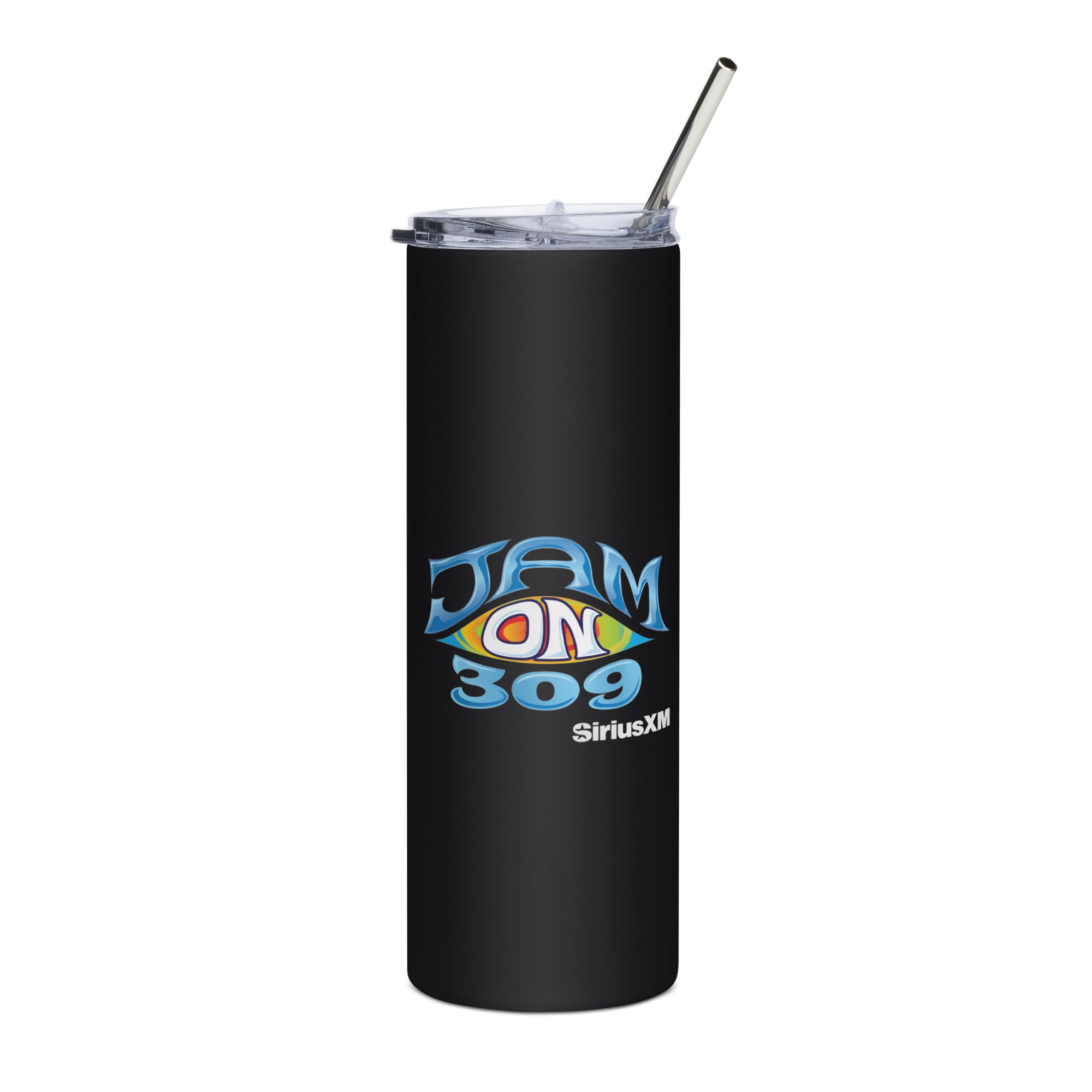 Black travel tumbler with colorful 'JAM ON 309' logo and SiriusXM text in white; includes a clear lid and metal straw.
